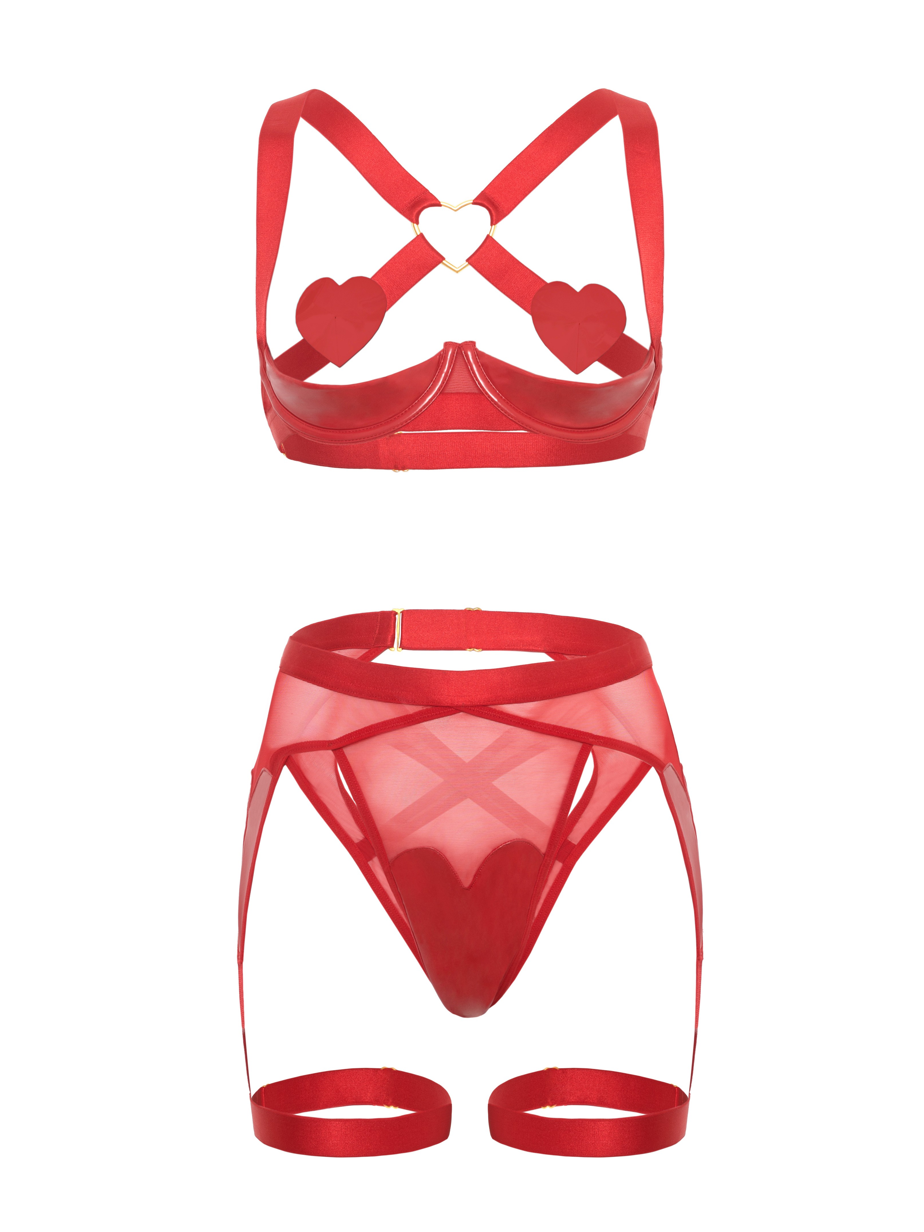 Oh La La Cheri Vinyl & Mesh Underwired Heart Bra Set, Red, hi-res