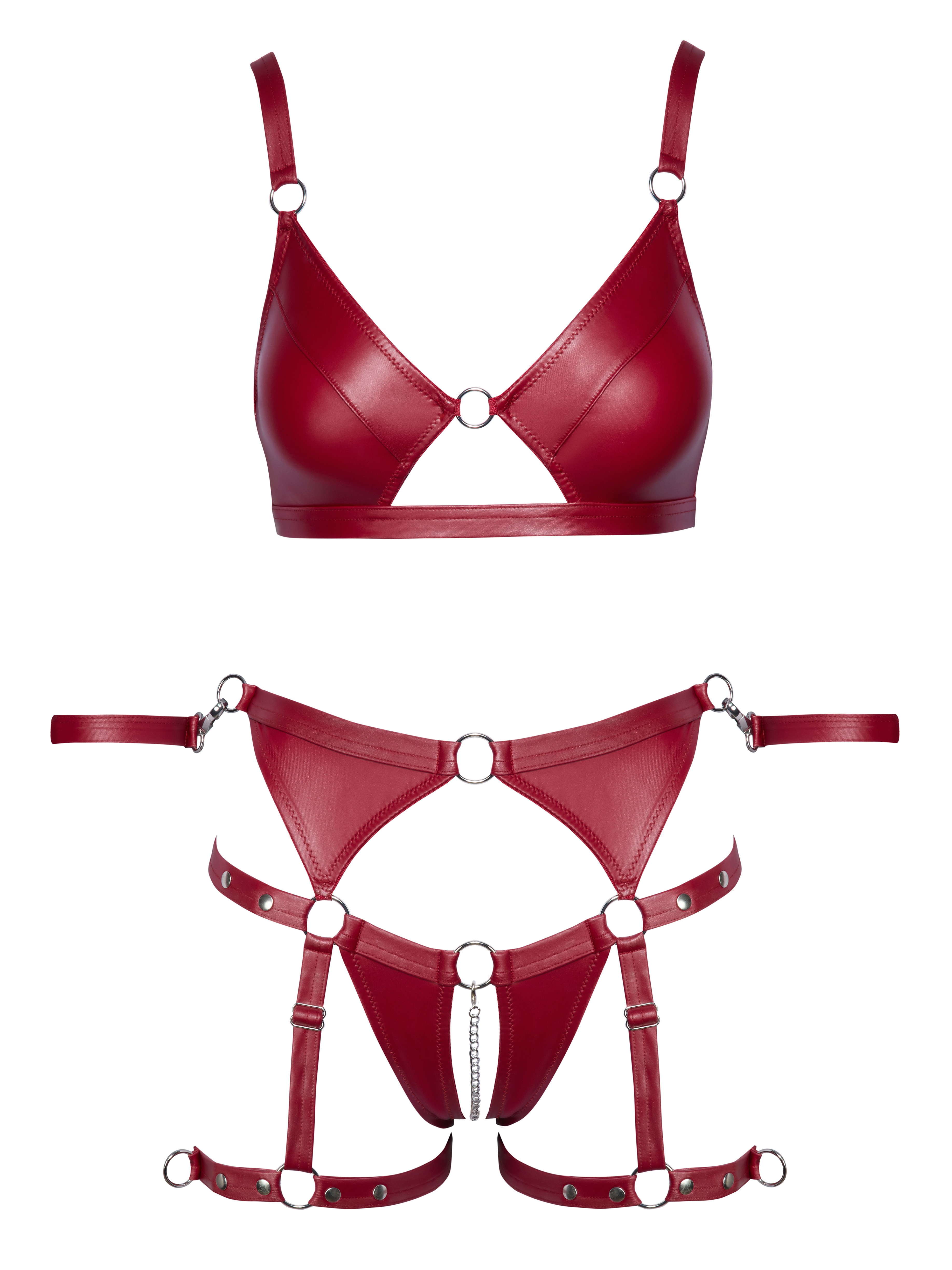 Cottelli Matte Wet Look Crotchless Bra Set with Restraints, Red, hi-res