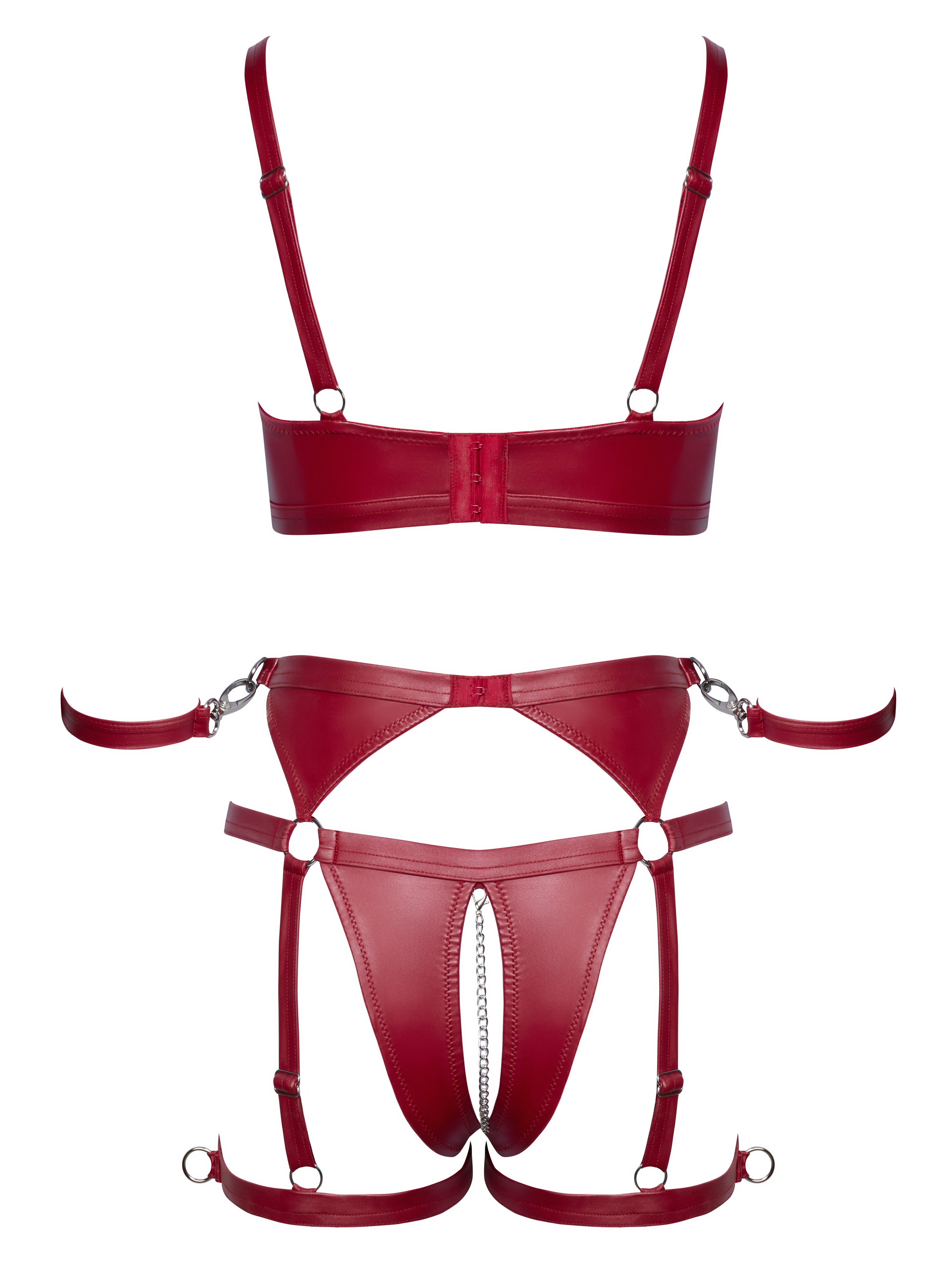 Cottelli Matte Wet Look Crotchless Bra Set with Restraints, Red, vanilla
