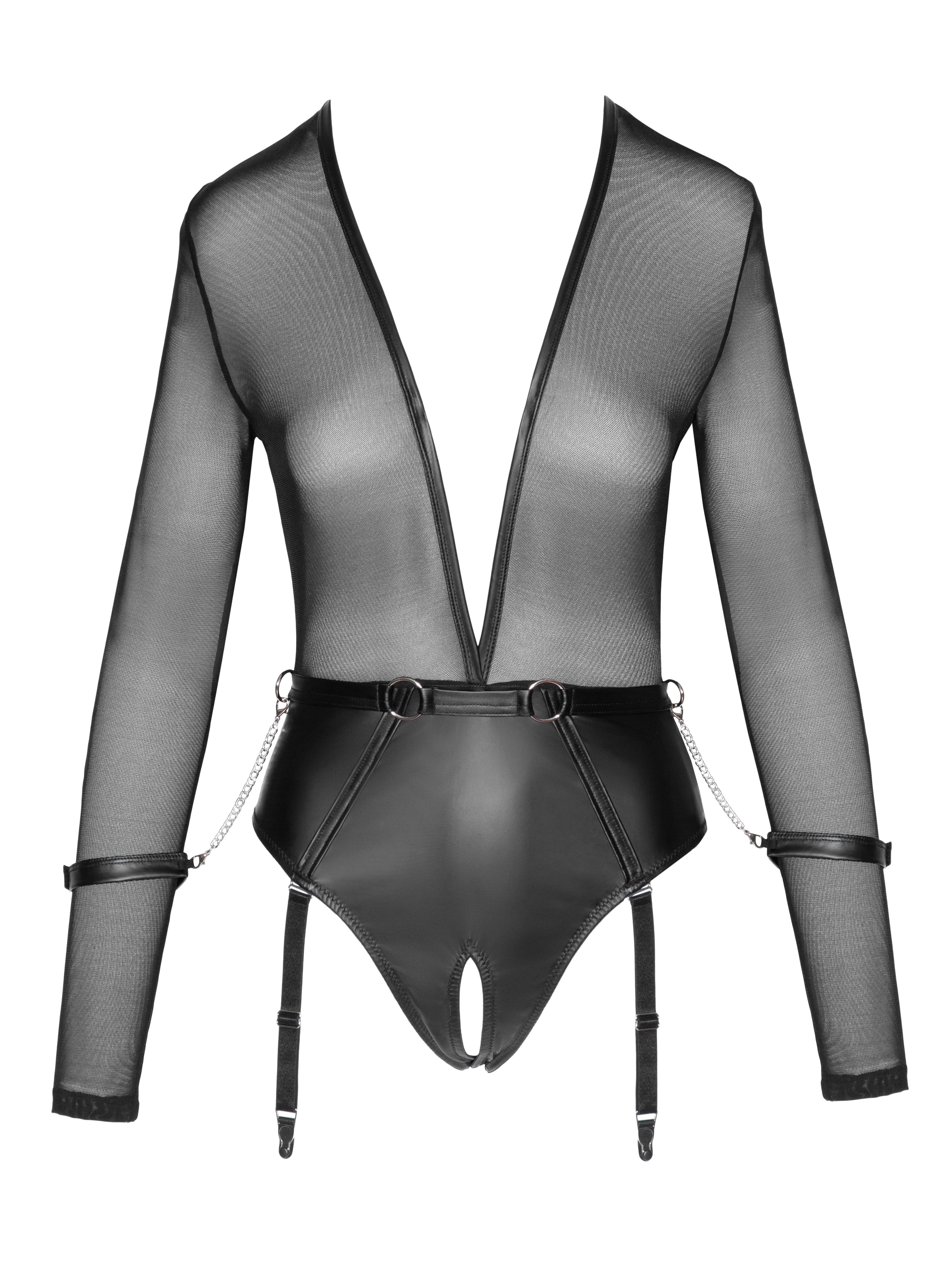 Cottelli Mesh & Wetlook Long Sleeve Crotchless Restraint Body, Black, hi-res