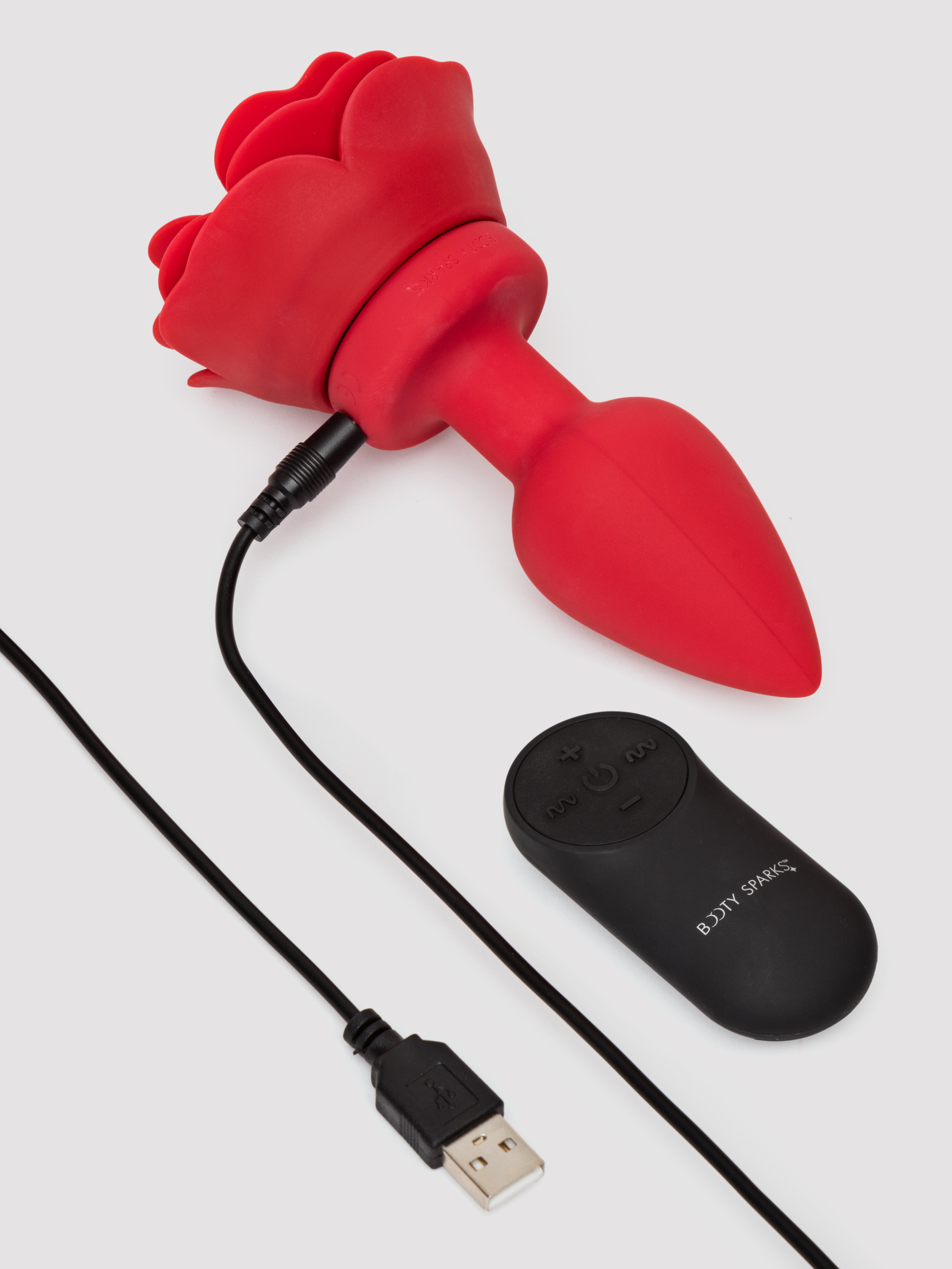 Silicone Vibrating Red Rose Butt Plug with Remote Control, Red, hi-res