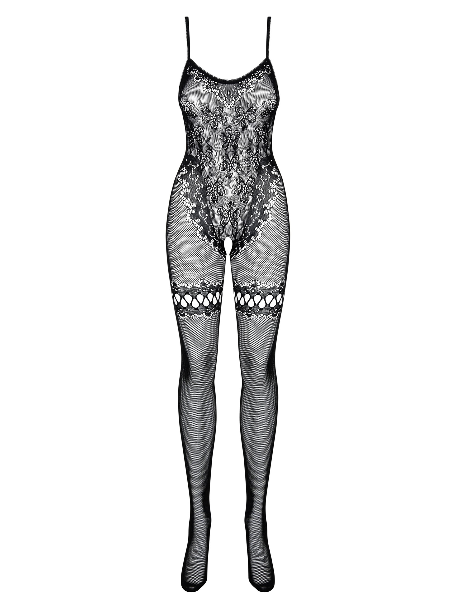 Obsessive Black Floral Lace Crotchless Bodystocking, Black, hi-res