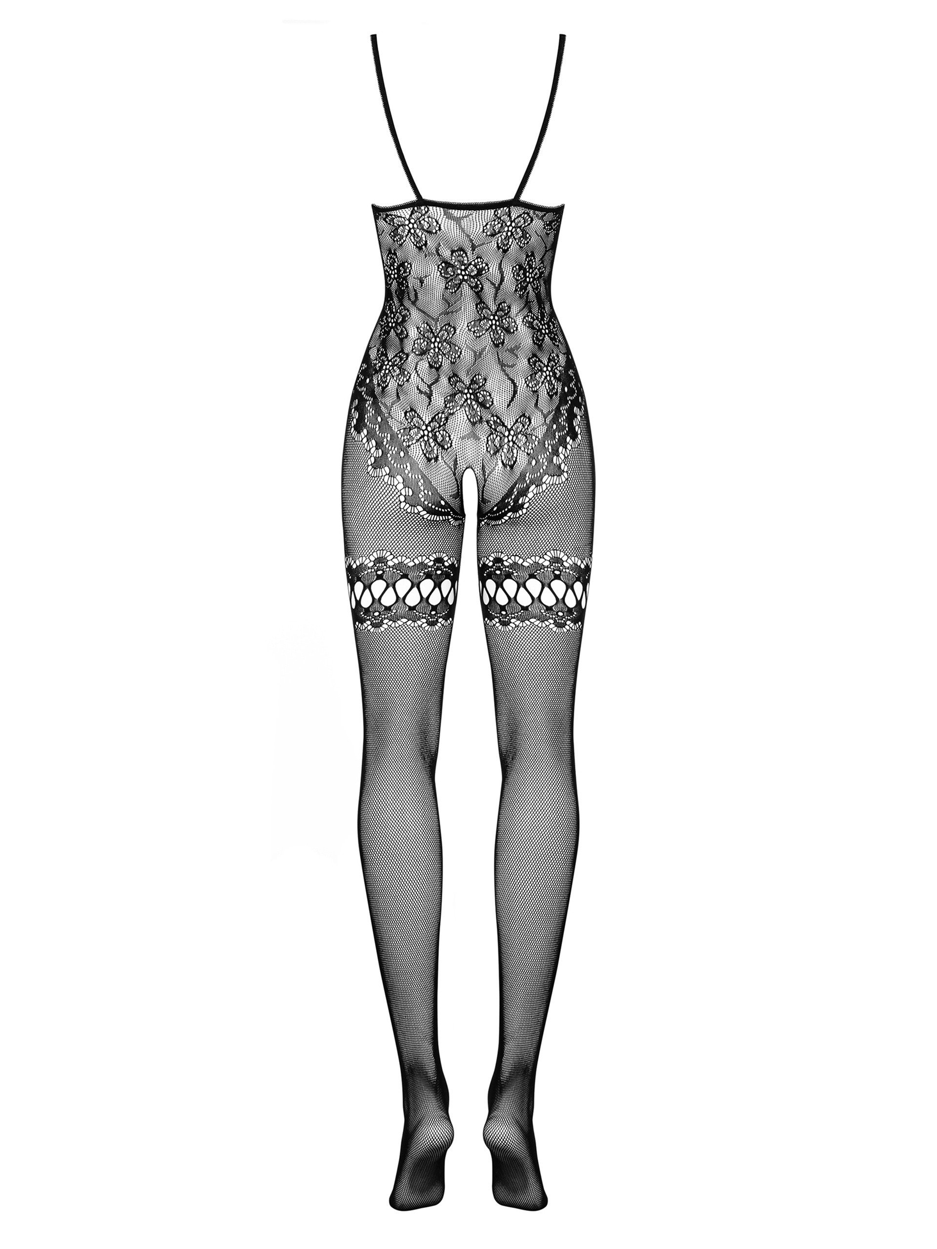 Obsessive Black Floral Lace Crotchless Bodystocking, Black, hi-res