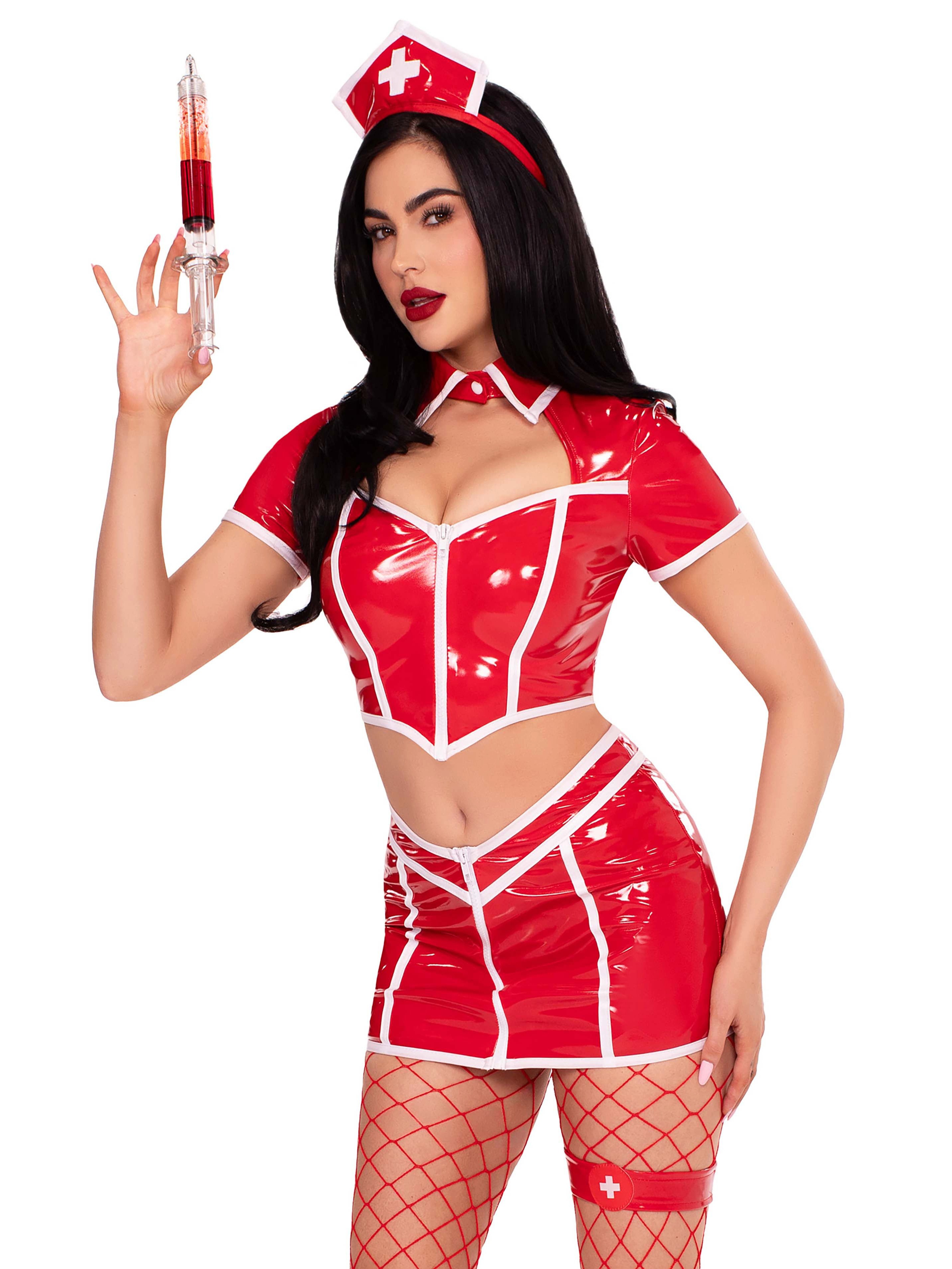Leg Avenue Red Vinyl Nurse 4-Piece Set, Red, hi-res