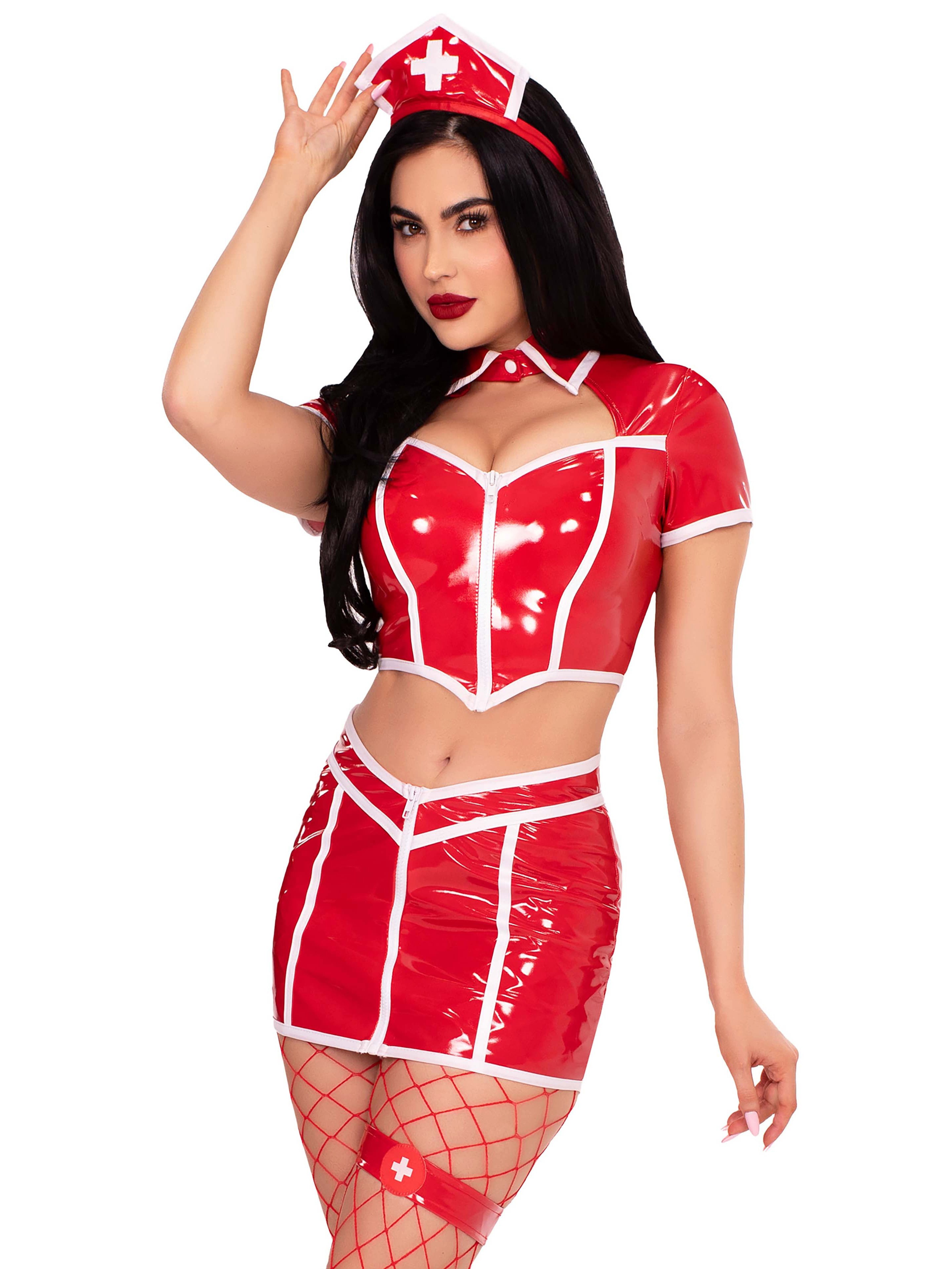 Leg Avenue Vinyl Nurse 4-Piece Set, Red, hi-res