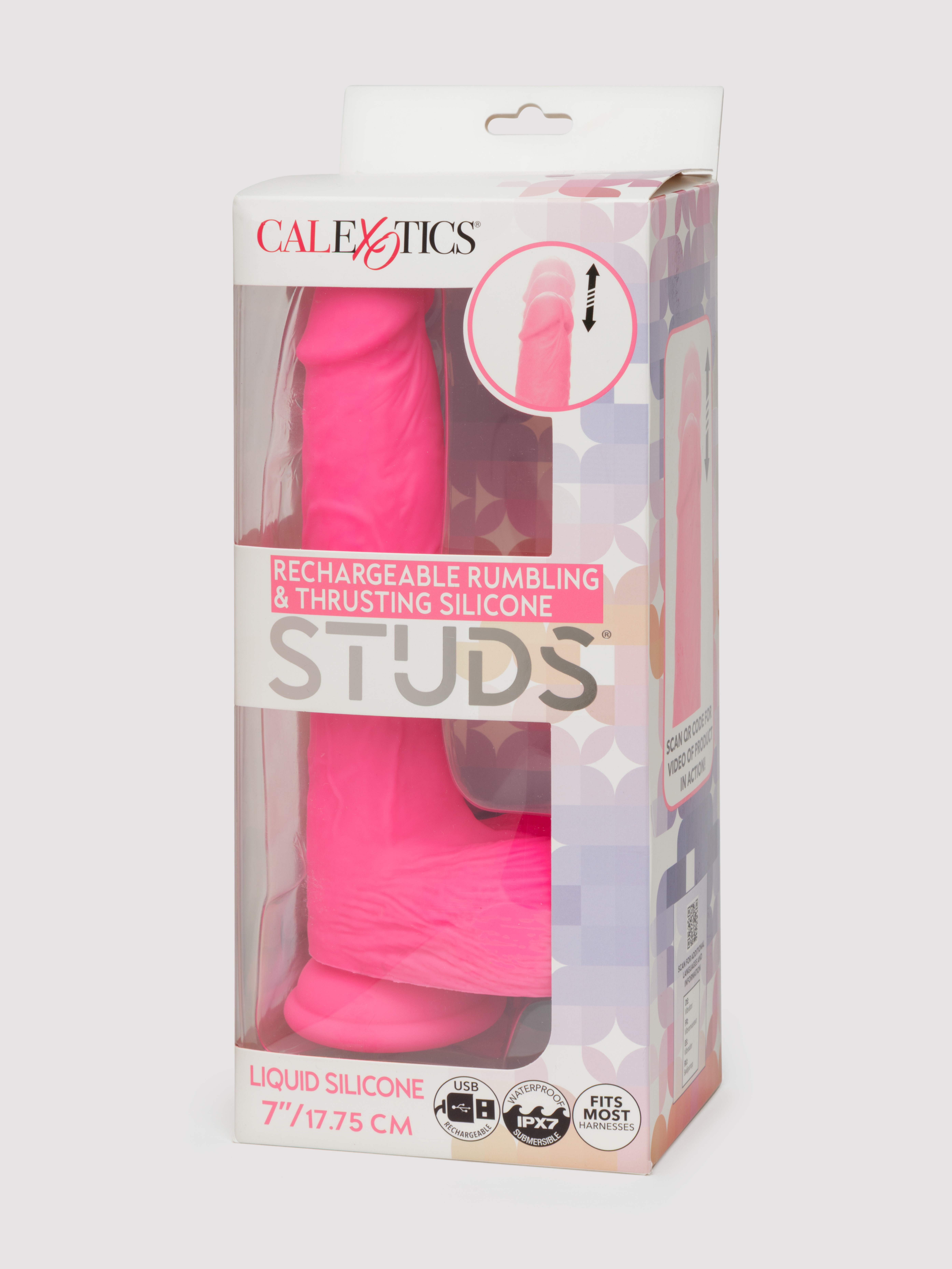 Rechargeable Rumbling & Thrusting Silicone Dildo Vibrator, Pink, hi-res
