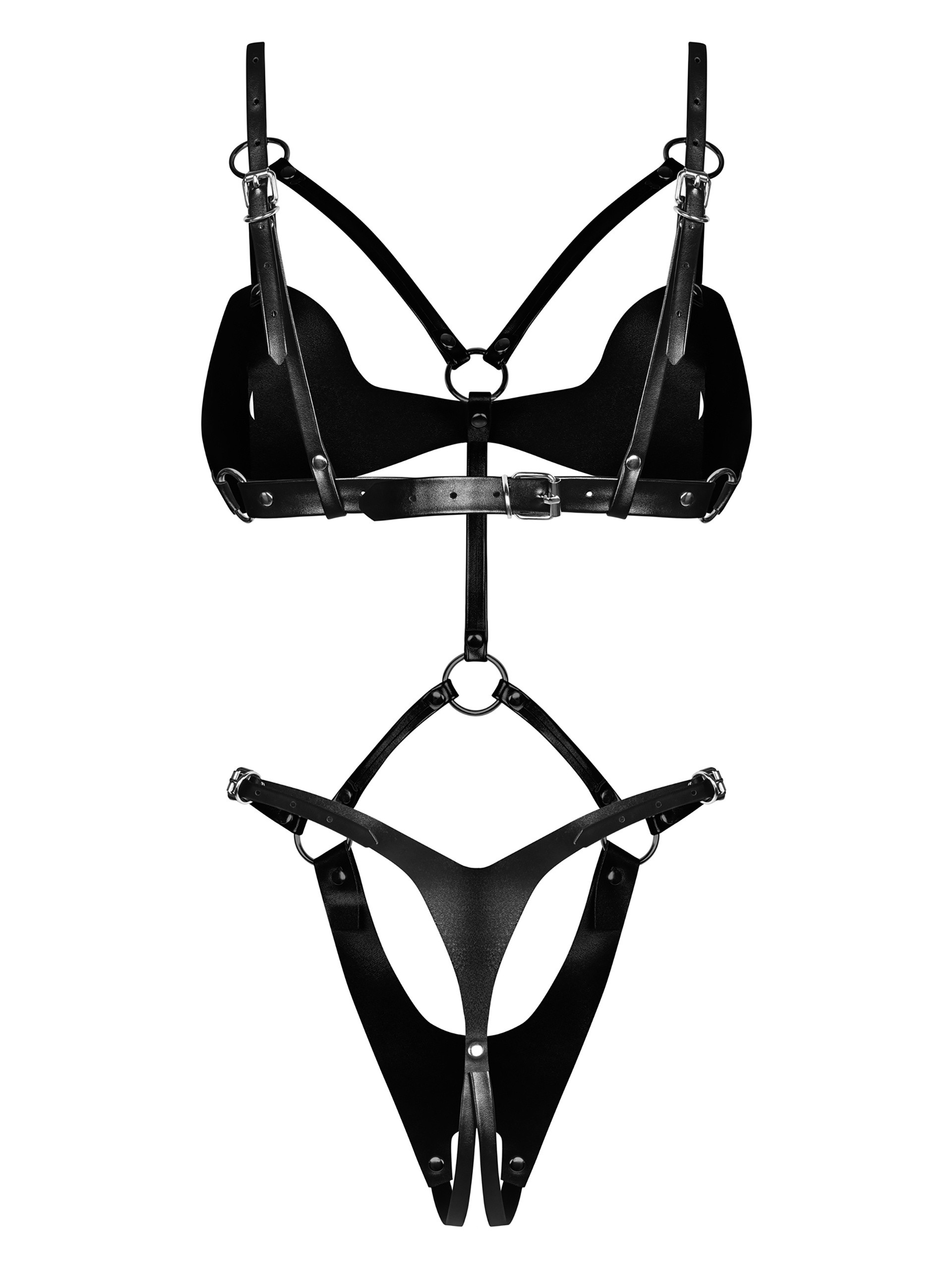 Obsessive Black Dame Faux Leather Buckle Crotchless Body, Black, hi-res