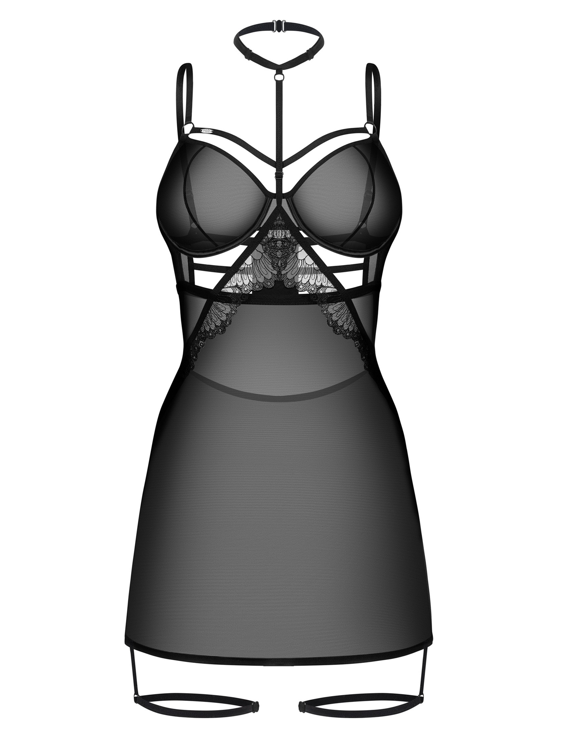 Obsessive Arrowel Sheer Strappy Underwire Chemise, Black, hi-res