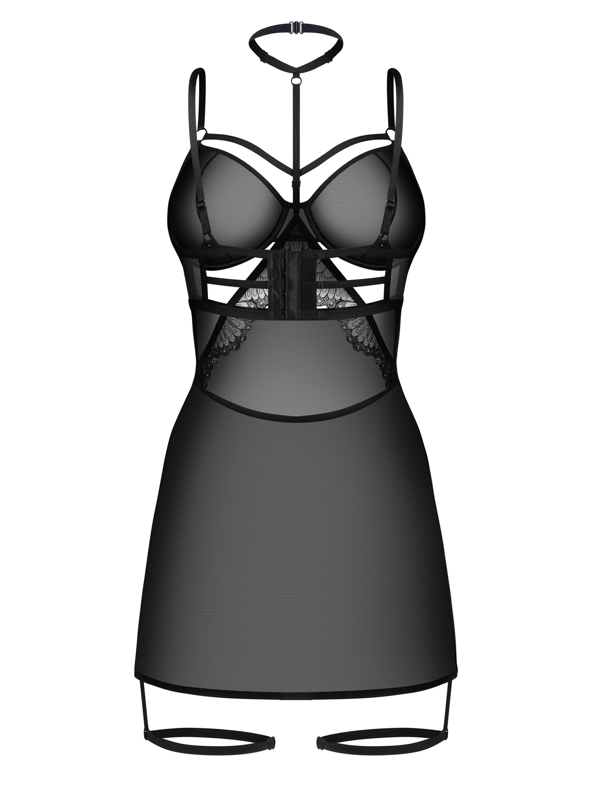 Obsessive Arrowel Sheer Strappy Underwire Chemise, Black, hi-res