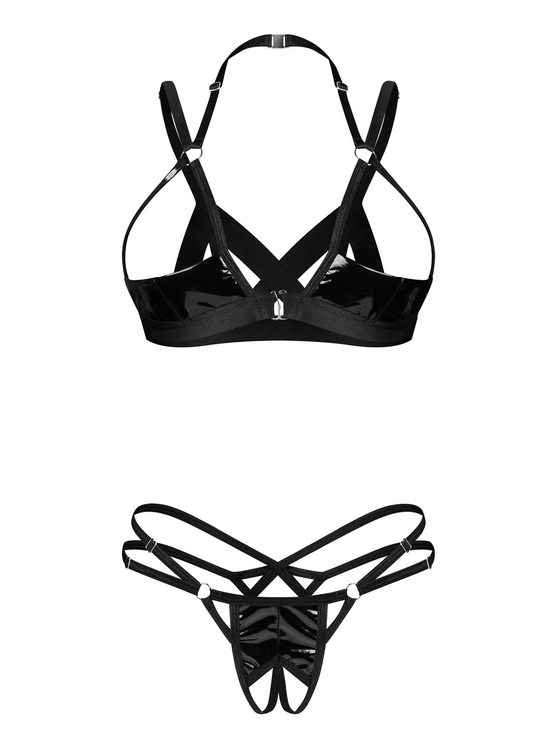 Obsessive Kiera Lise Wet-Look Two-Piece Crotchless Bra Set, Black, hi-res