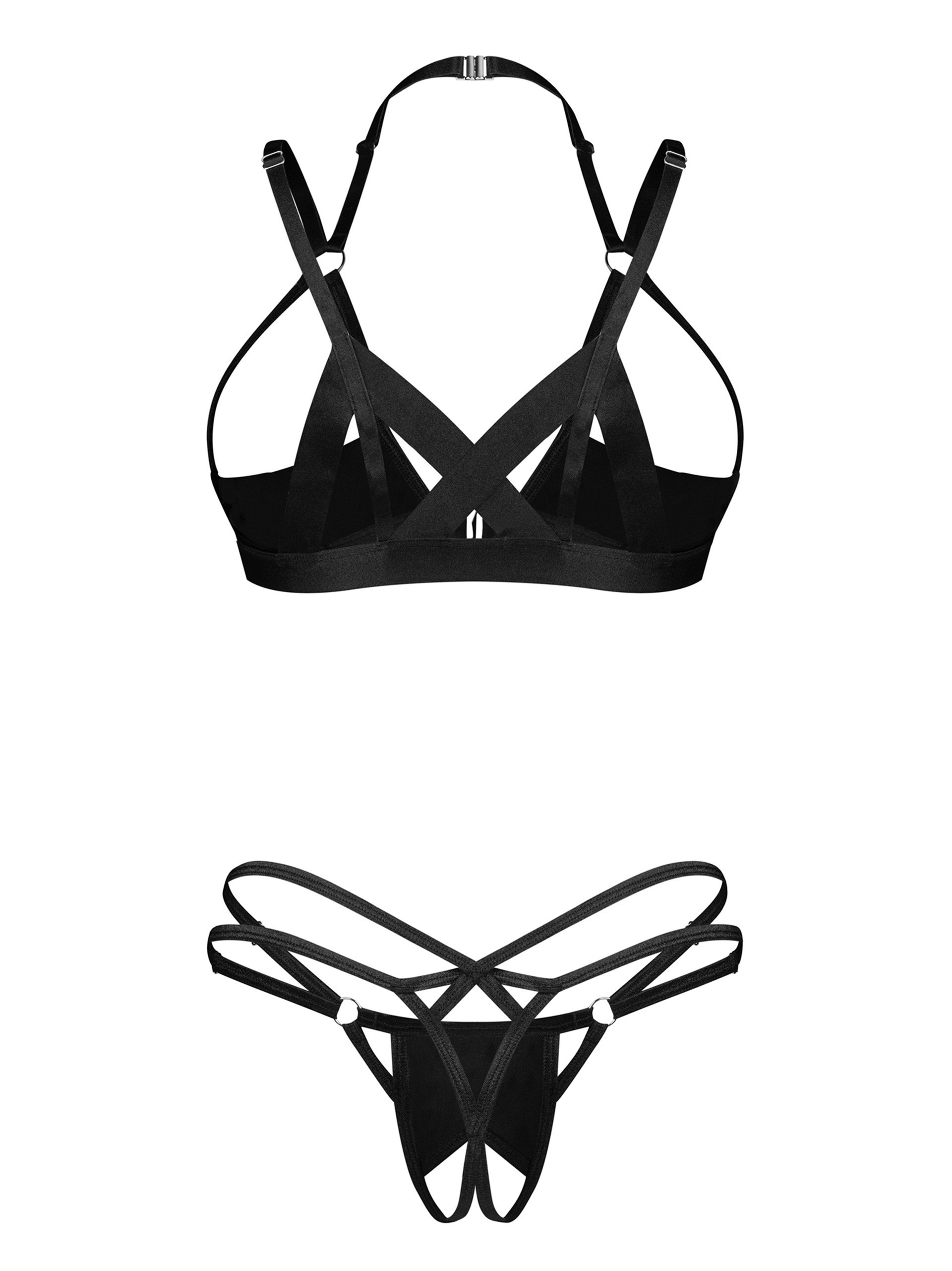 Obsessive Kiera Lise Wet-Look Two-Piece Crotchless Bra Set, Black, hi-res