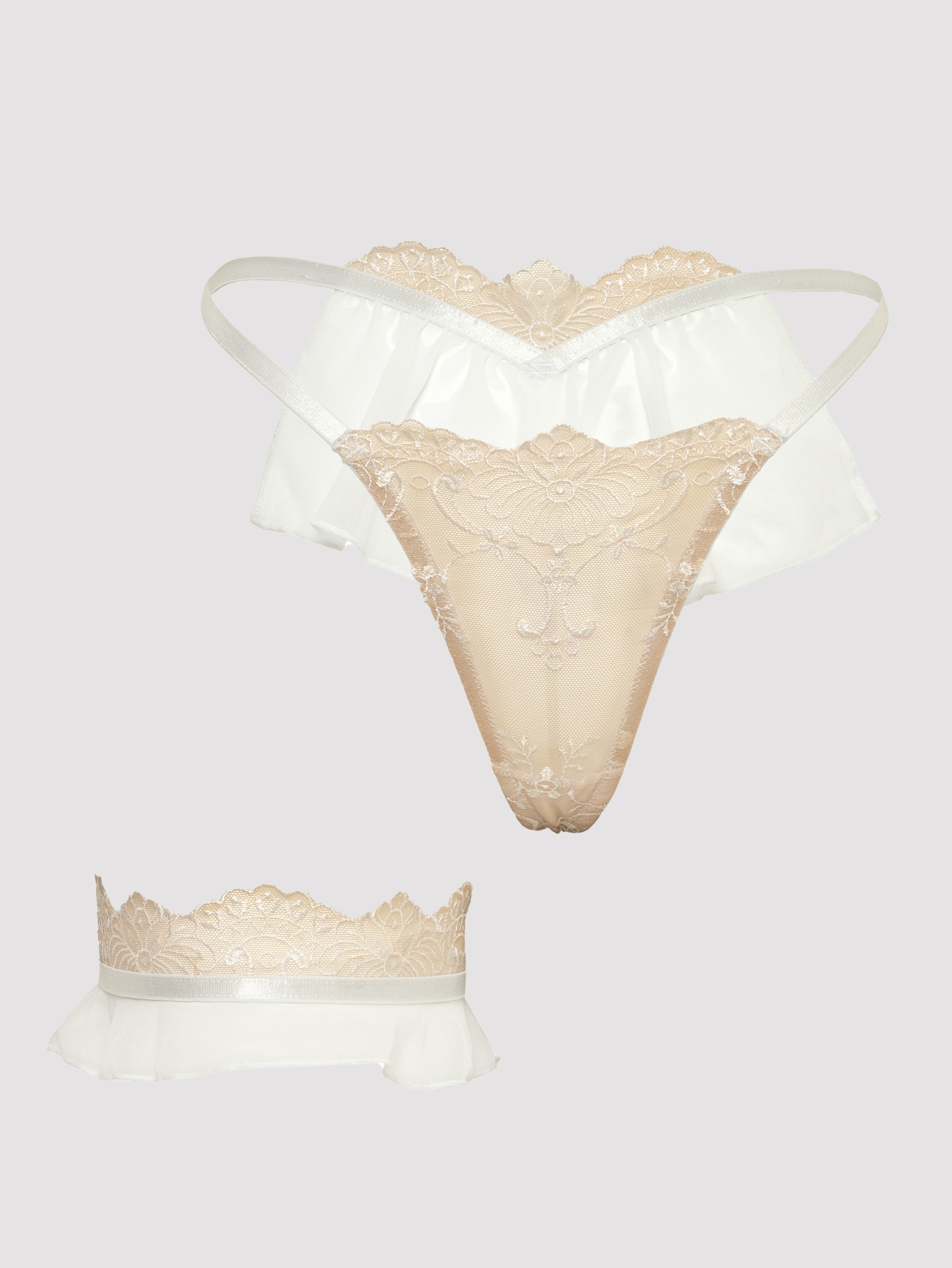 Oh La La Cheri Bridal Lift My Veil Thong and Garter Set, White, hi-res