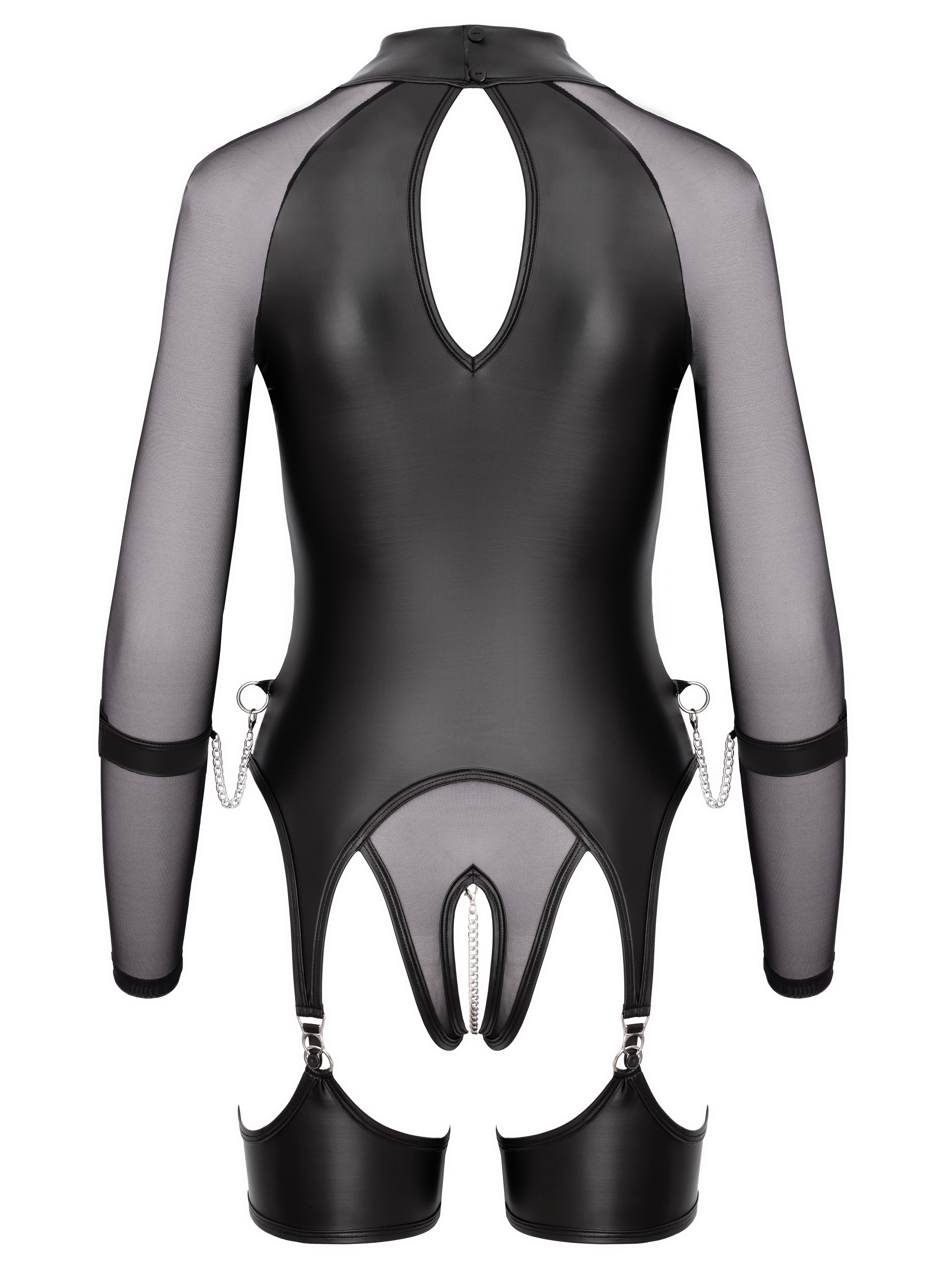 Cottelli Wet Look & Mesh Long Sleeve Restraint Basque, Black, hi-res