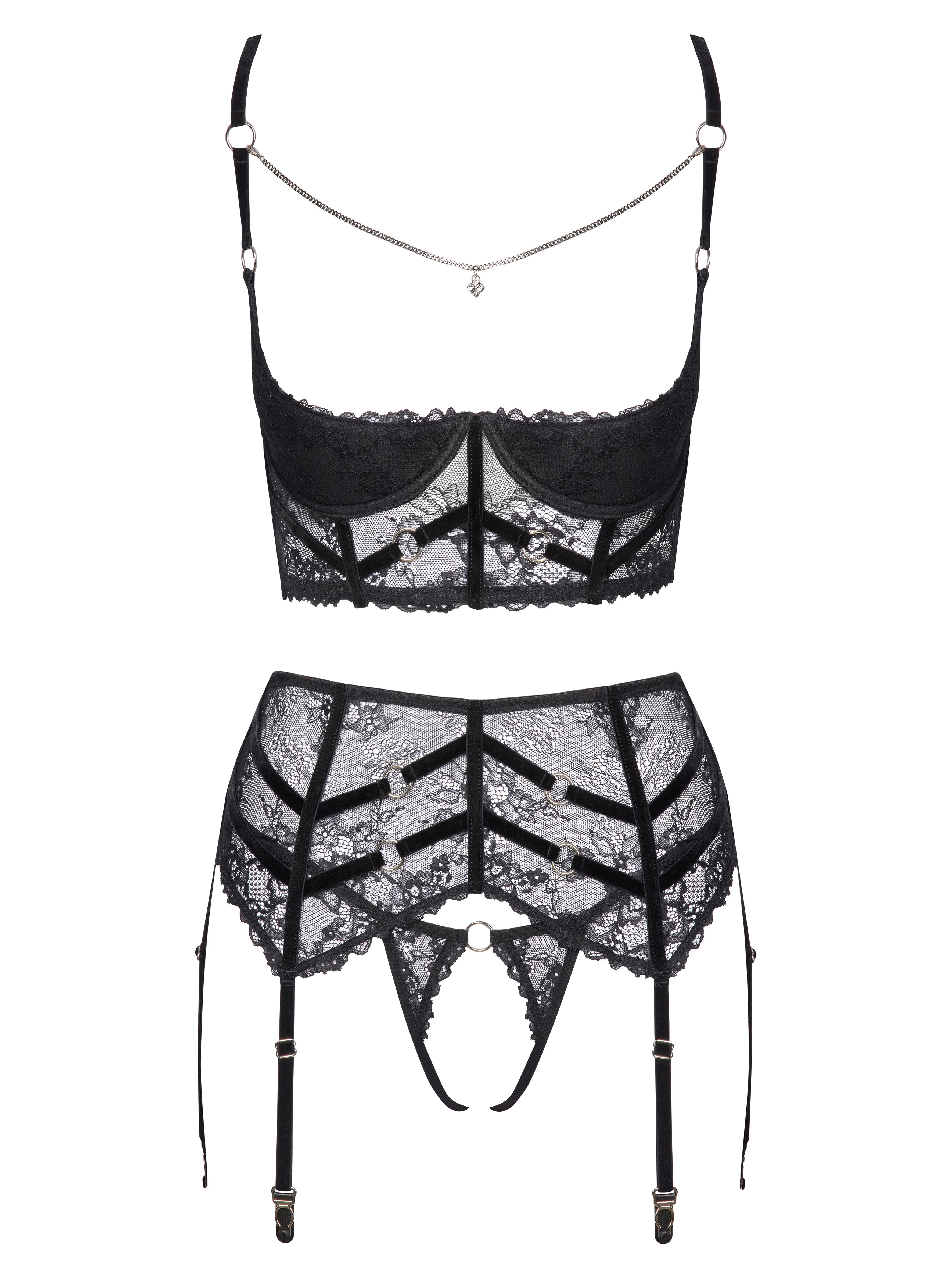 Cottelli Strappy & Lace Detail Crotchless Bra Set, Black, hi-res