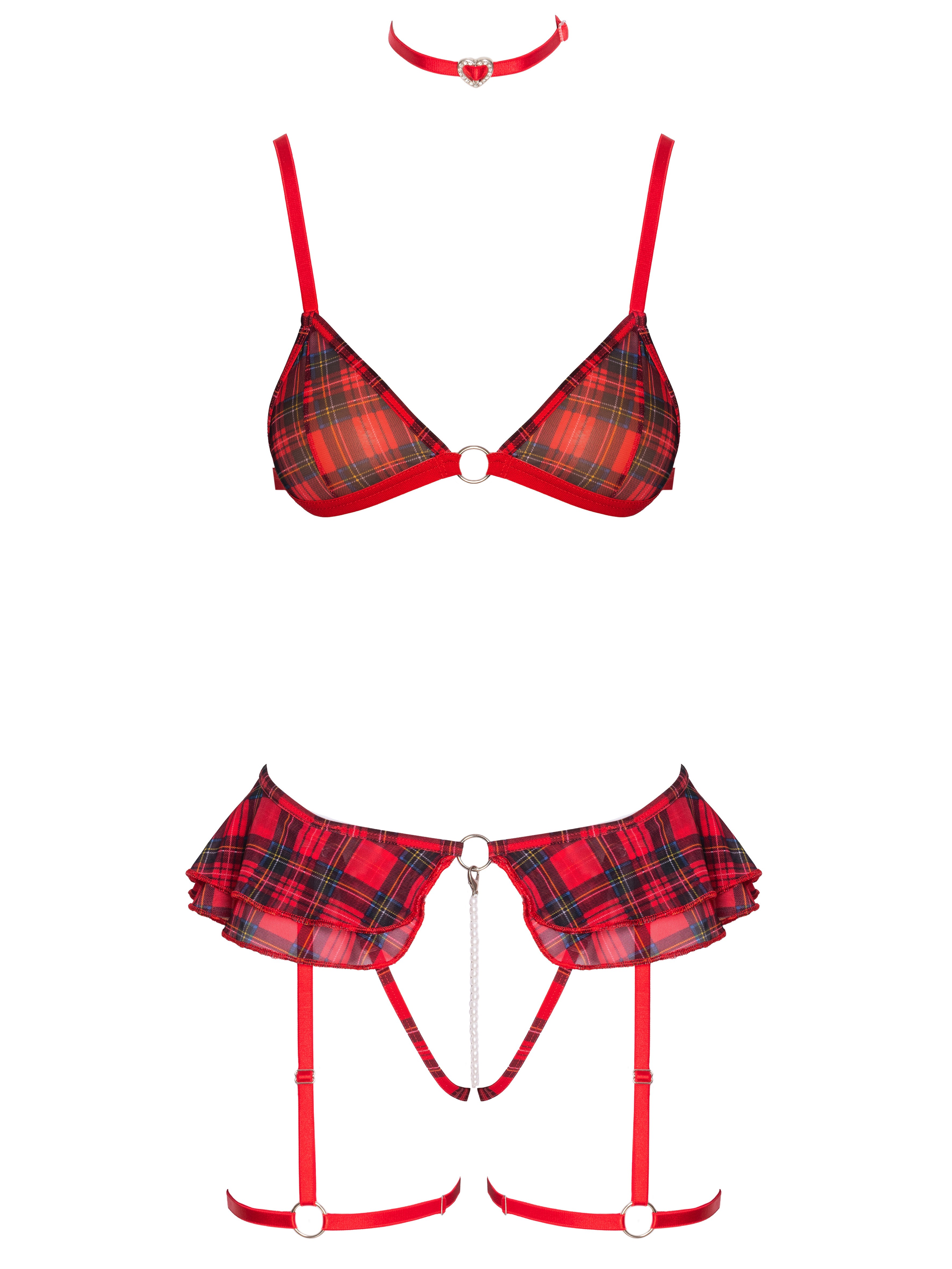Cottelli Tartan Bra and Pearl G-String Set, Red, hi-res