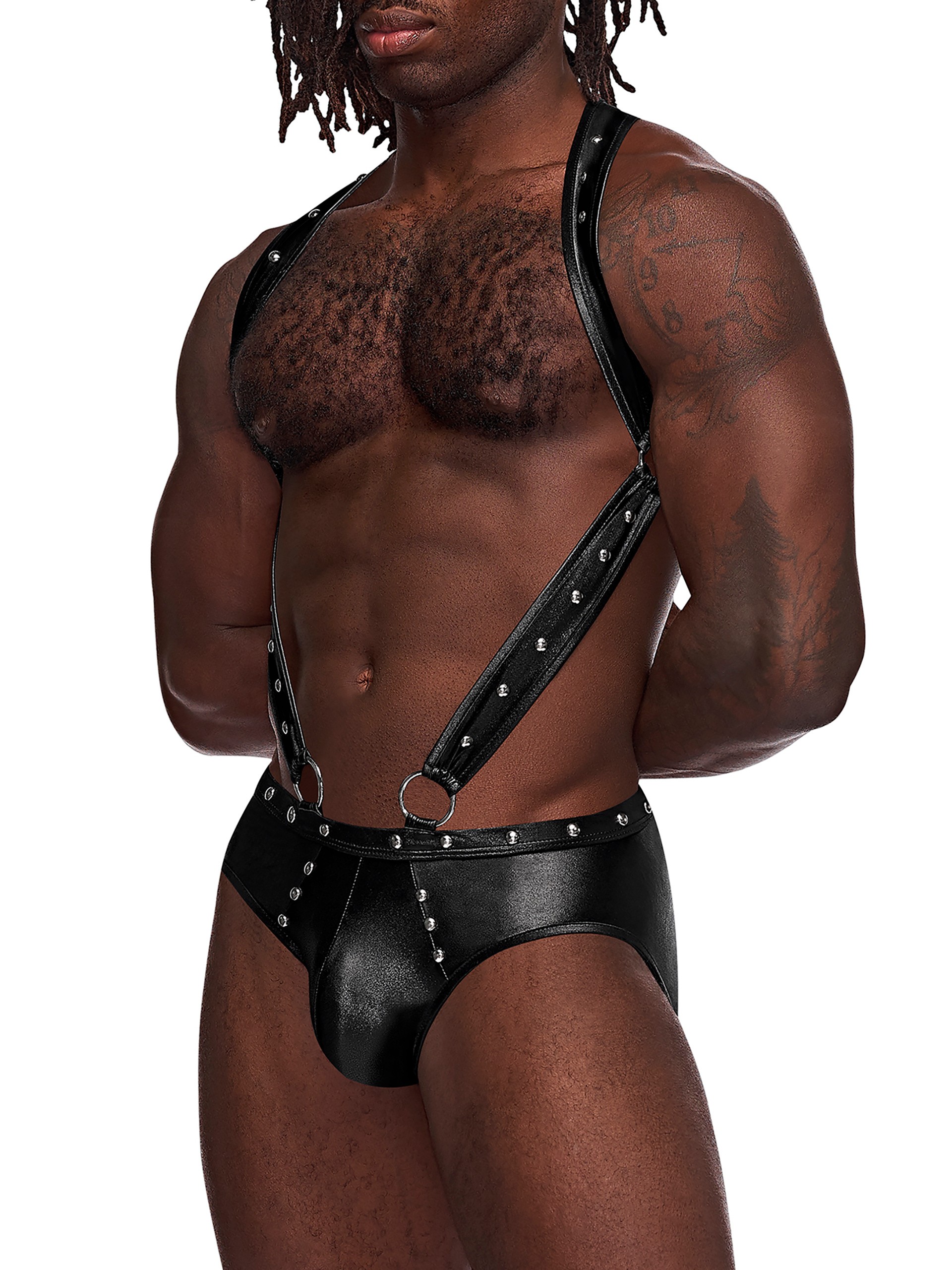 Male Power Studded Wet-Look Harness Jockstrap, Black, hi-res