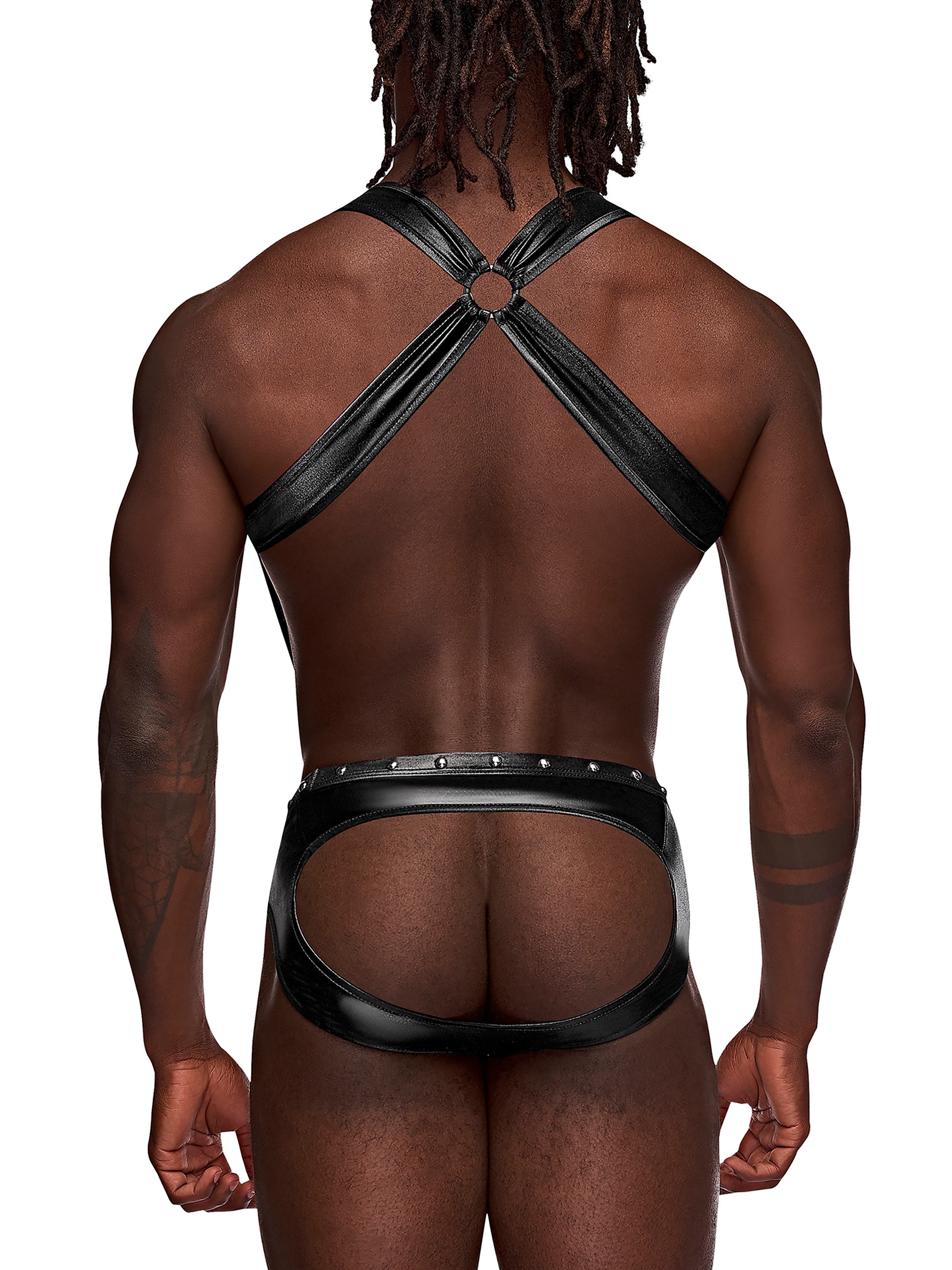 Male Power Studded Wet-Look Harness Jockstrap, Black, hi-res