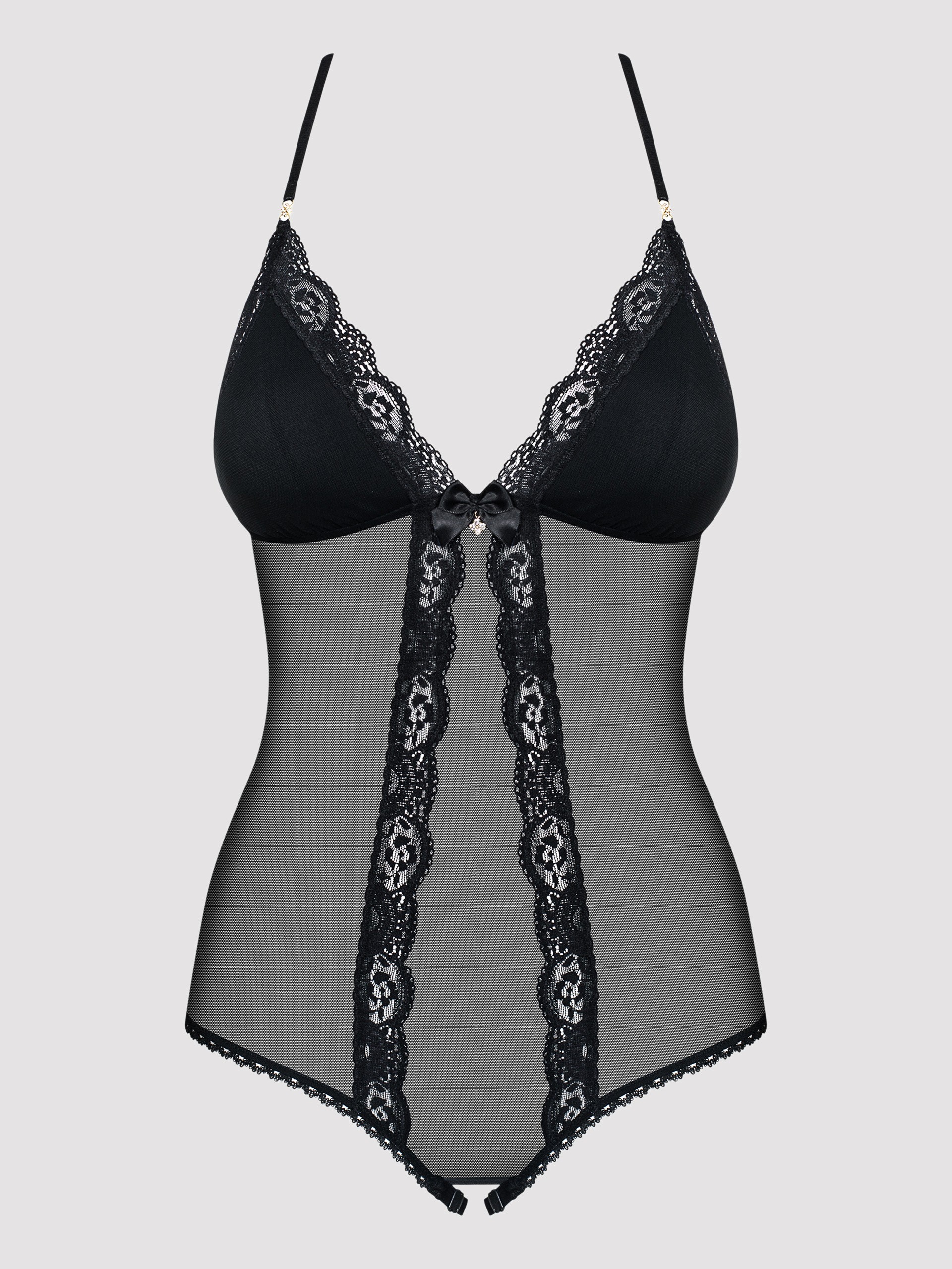 Obsessive Mesh Crotchless Sheer Lace Open Back Body, Black, hi-res