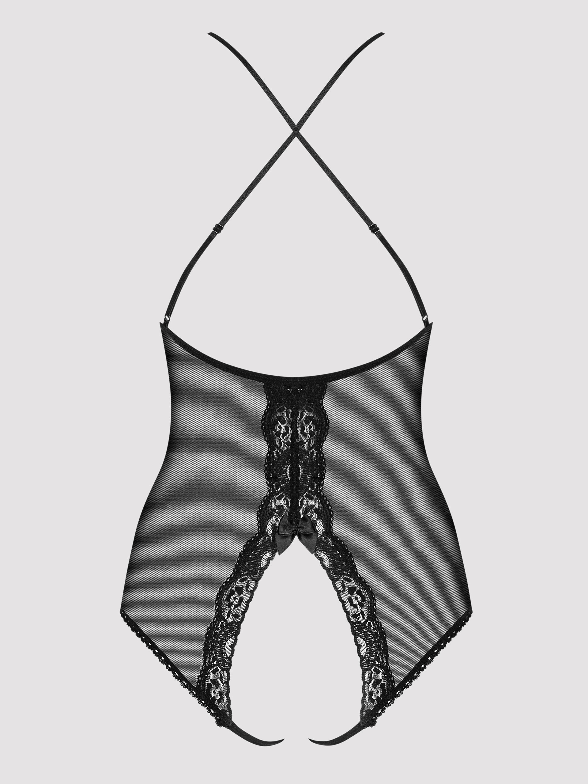 Obsessive Mesh Crotchless Sheer Lace Open Back Body, Black, hi-res