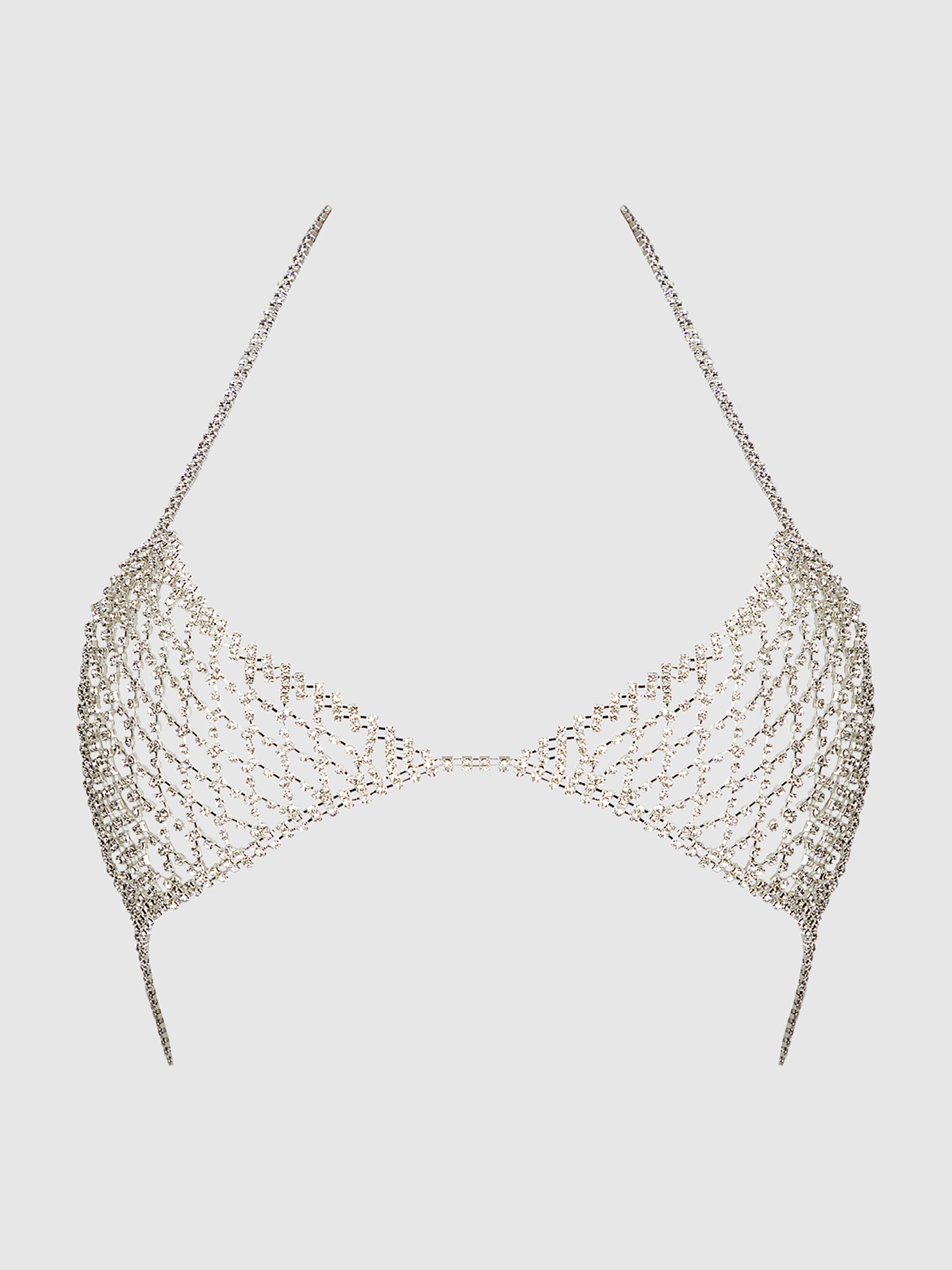 House of Desire Silver Rhinestone Triangle Bra, Silver, hi-res