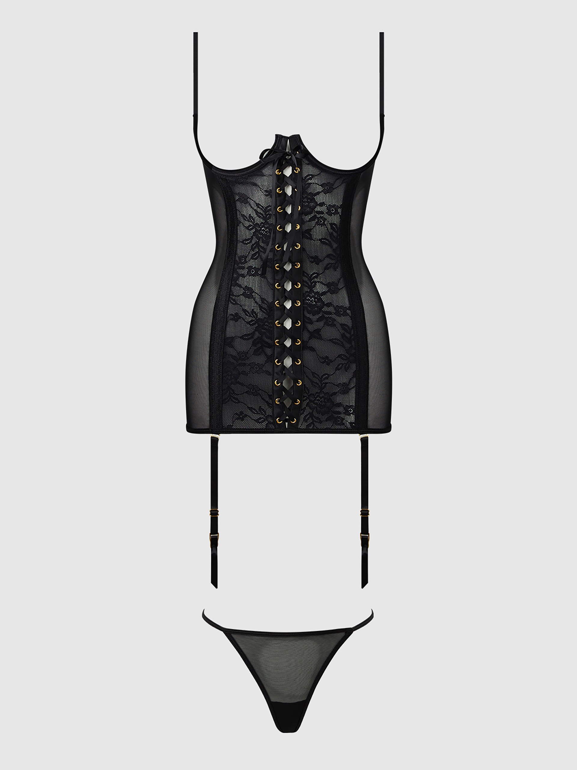 House of Desire Gia Open Cup Lace Underwire Chemise & G-String Set, Black, hi-res