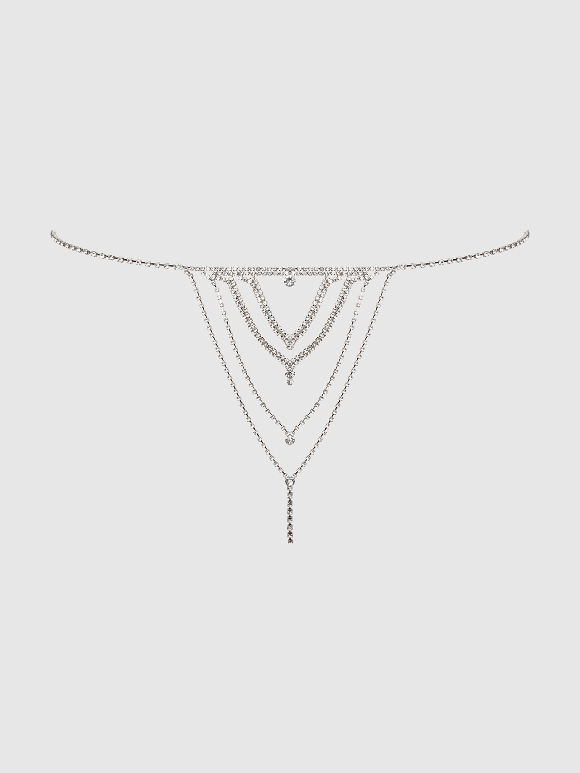 House of Desire Silver Rhinestone V-Front G-String, Silver, hi-res