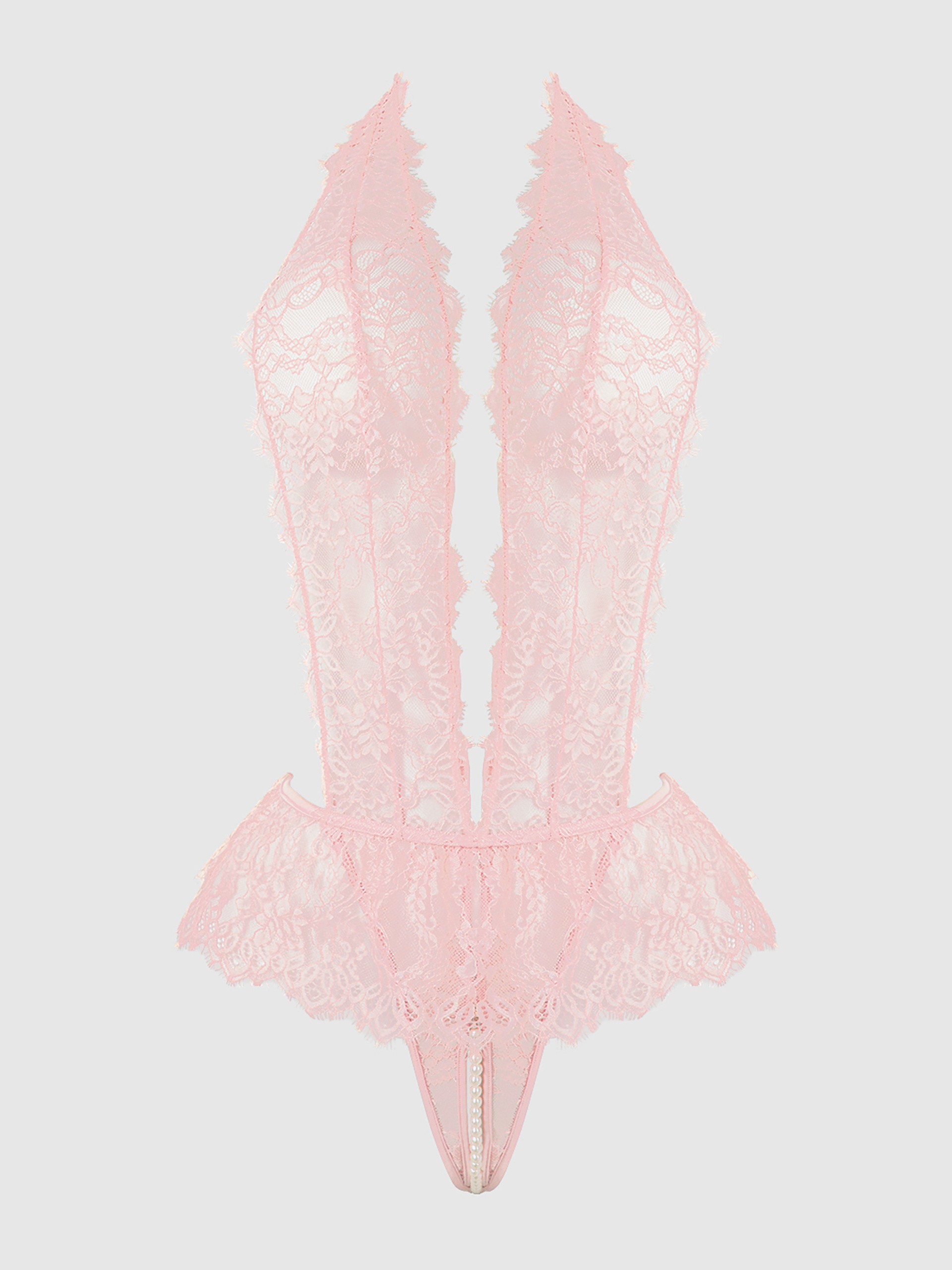 House of Desire Jocelyn Lace and Pearl Crotchless Body, Pink, hi-res