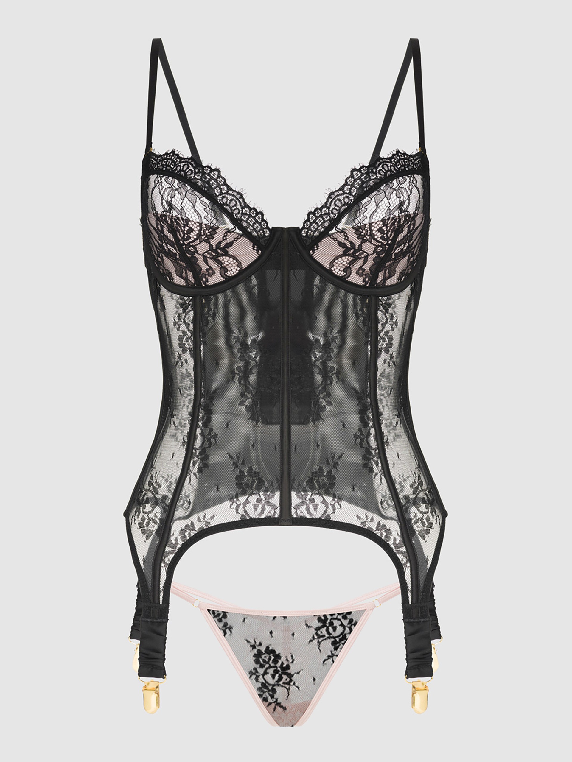 House of Desire Jocelyn Lace & Satin Underwire Basque Set, Black, hi-res