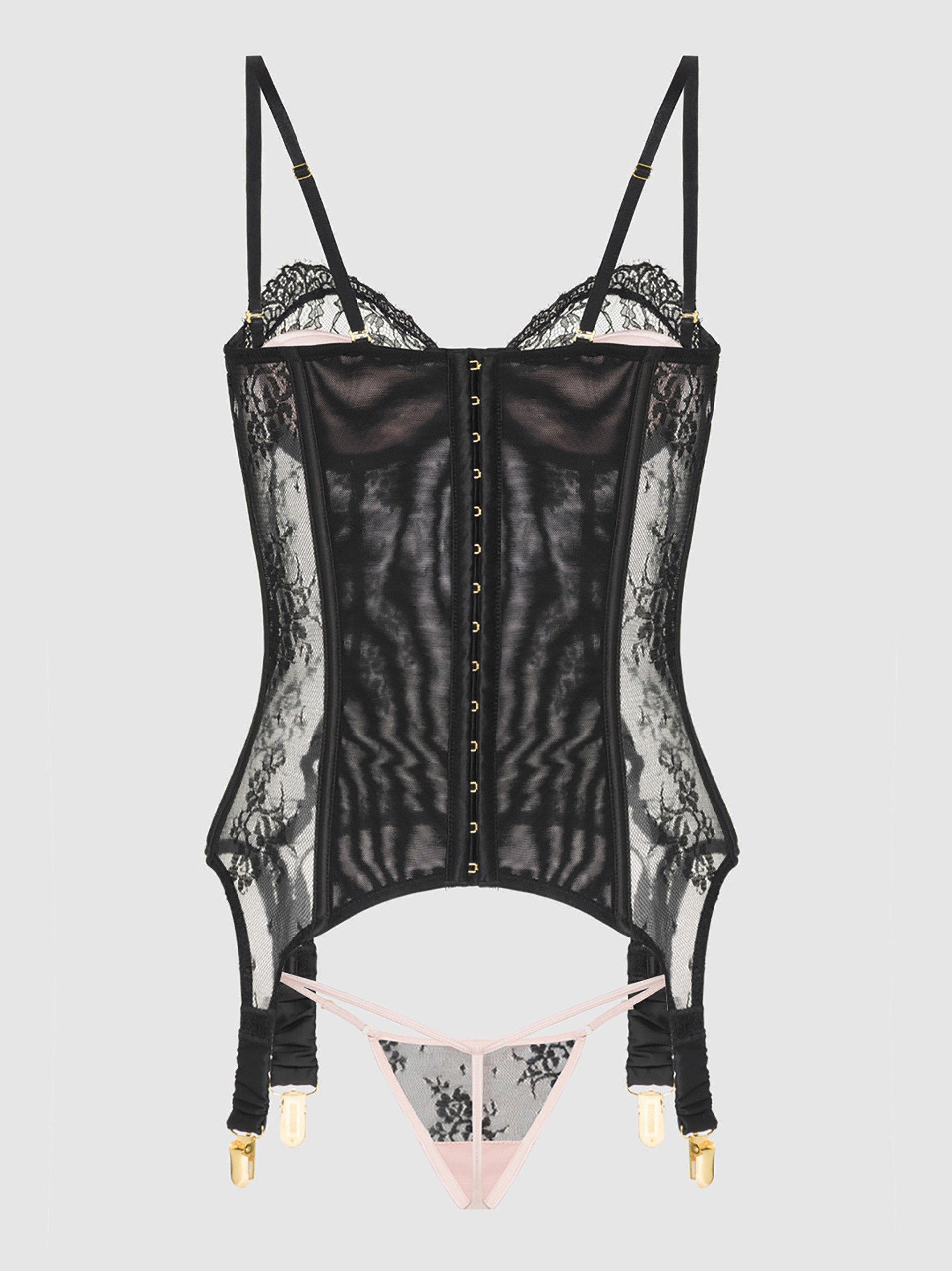House of Desire Jocelyn Lace & Satin Underwire Basque Set, Black, hi-res
