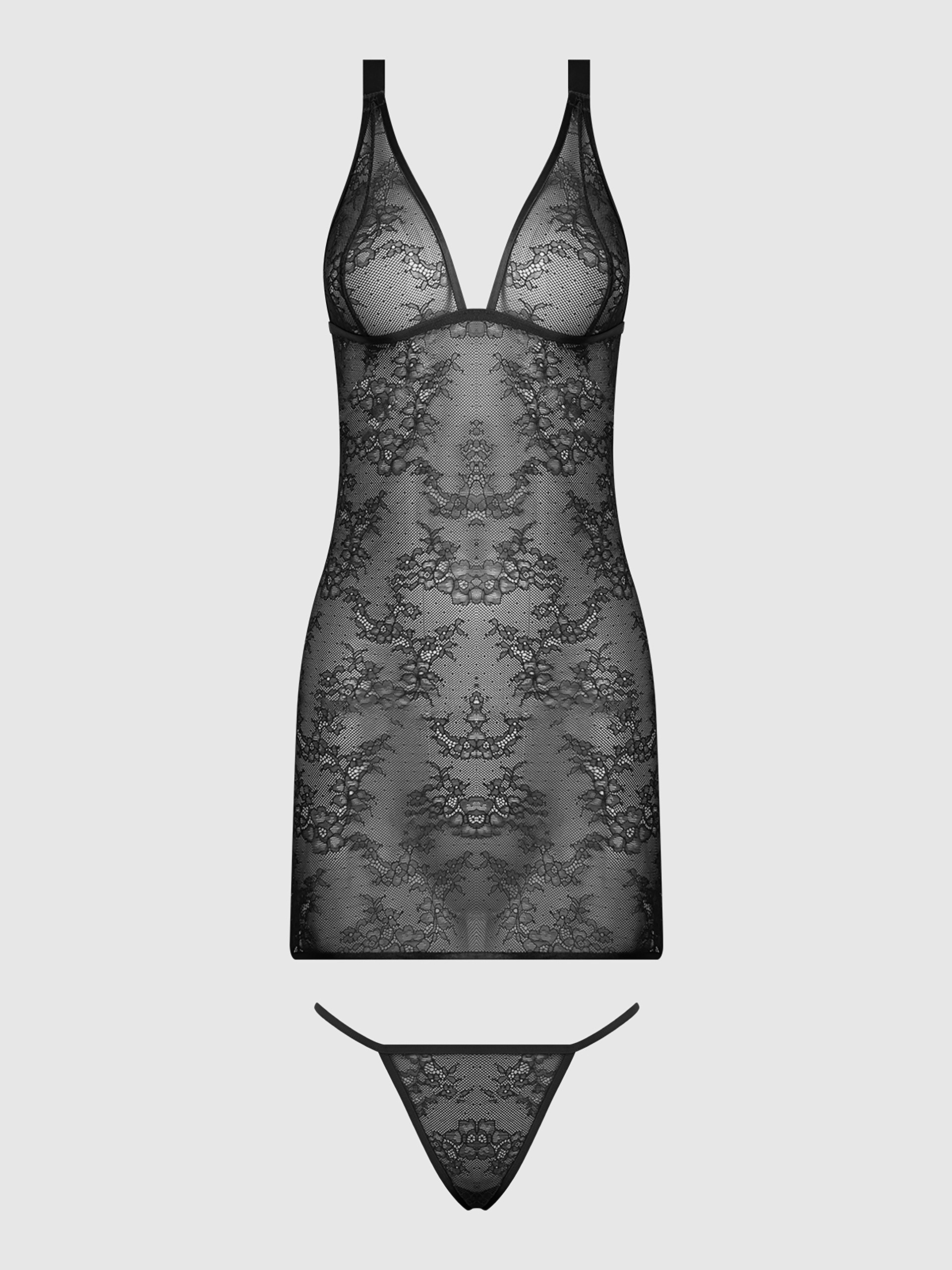 House of Desire Kiki Lace Strappy & Backless Chemise & G-String Set, Black, hi-res