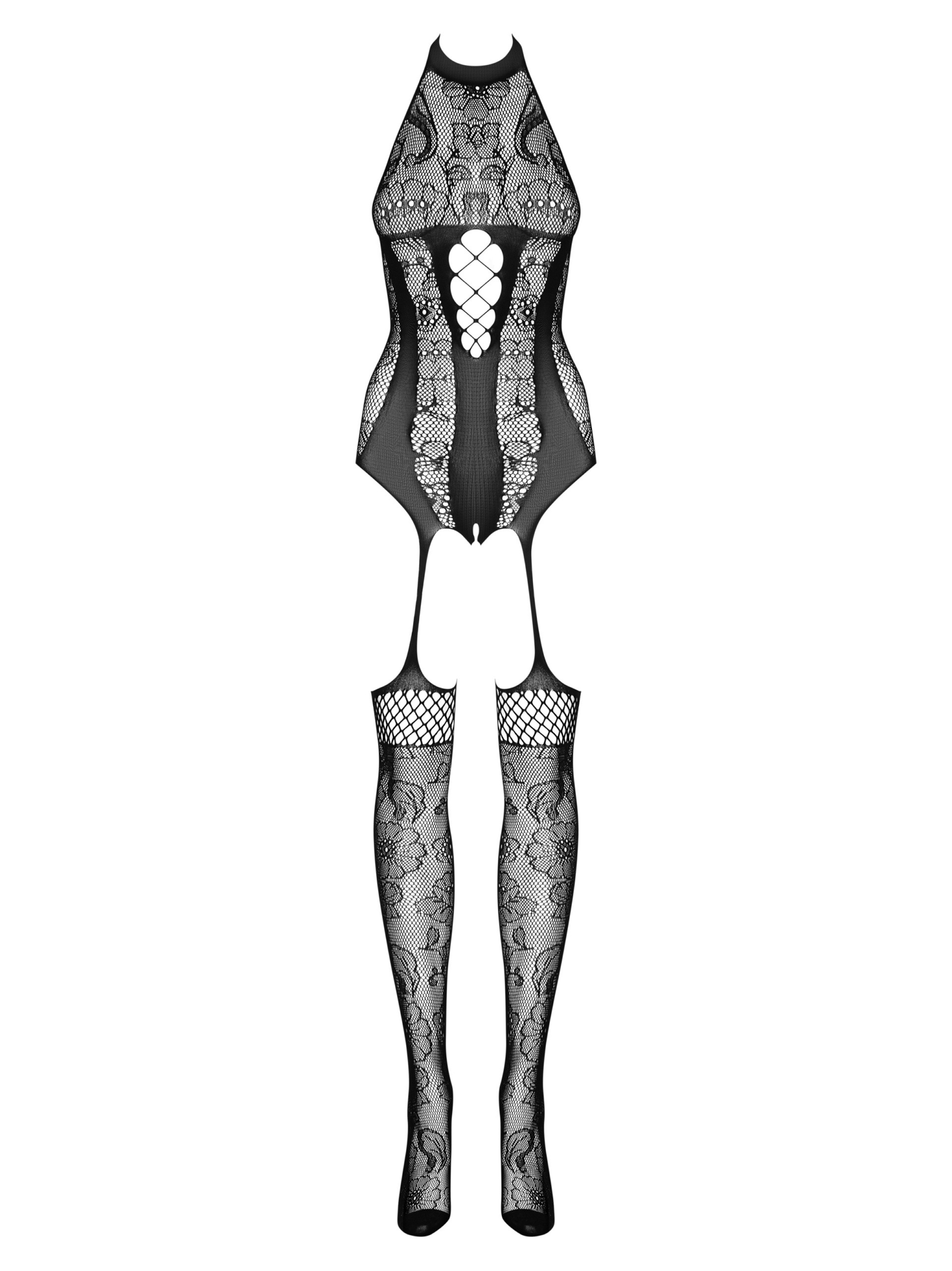 Obsessive Black Crotchless Lace Suspender Bodystocking, Black, hi-res