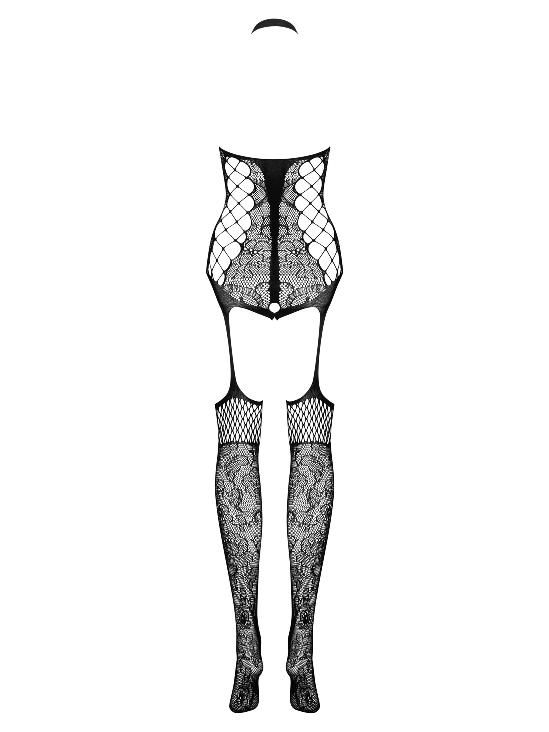 Obsessive Black Crotchless Lace Suspender Bodystocking, Black, hi-res