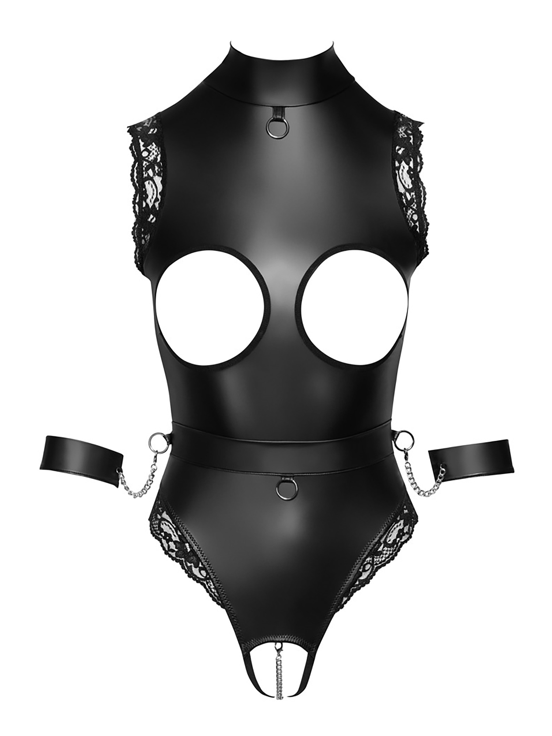 Cottelli Wet-Look Open Cup and Crotchless Body with Cuffs, Black, hi-res
