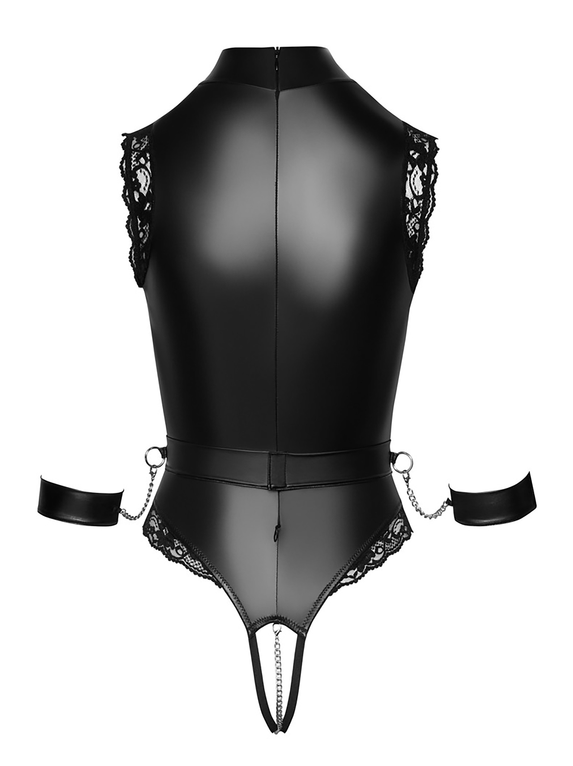 Cottelli Wet-Look Open Cup and Crotchless Body with Cuffs, Black, hi-res