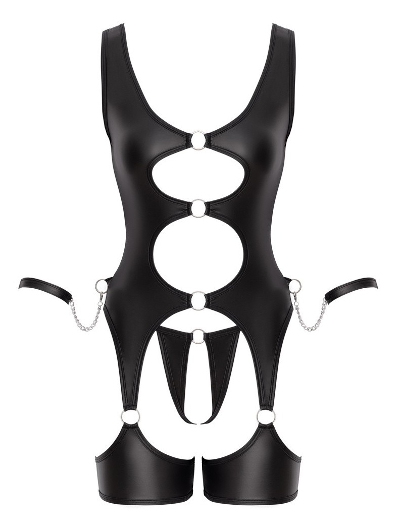 Cottelli Wet Look Cut Out Restraint Crotchless Basque Set, Black, hi-res