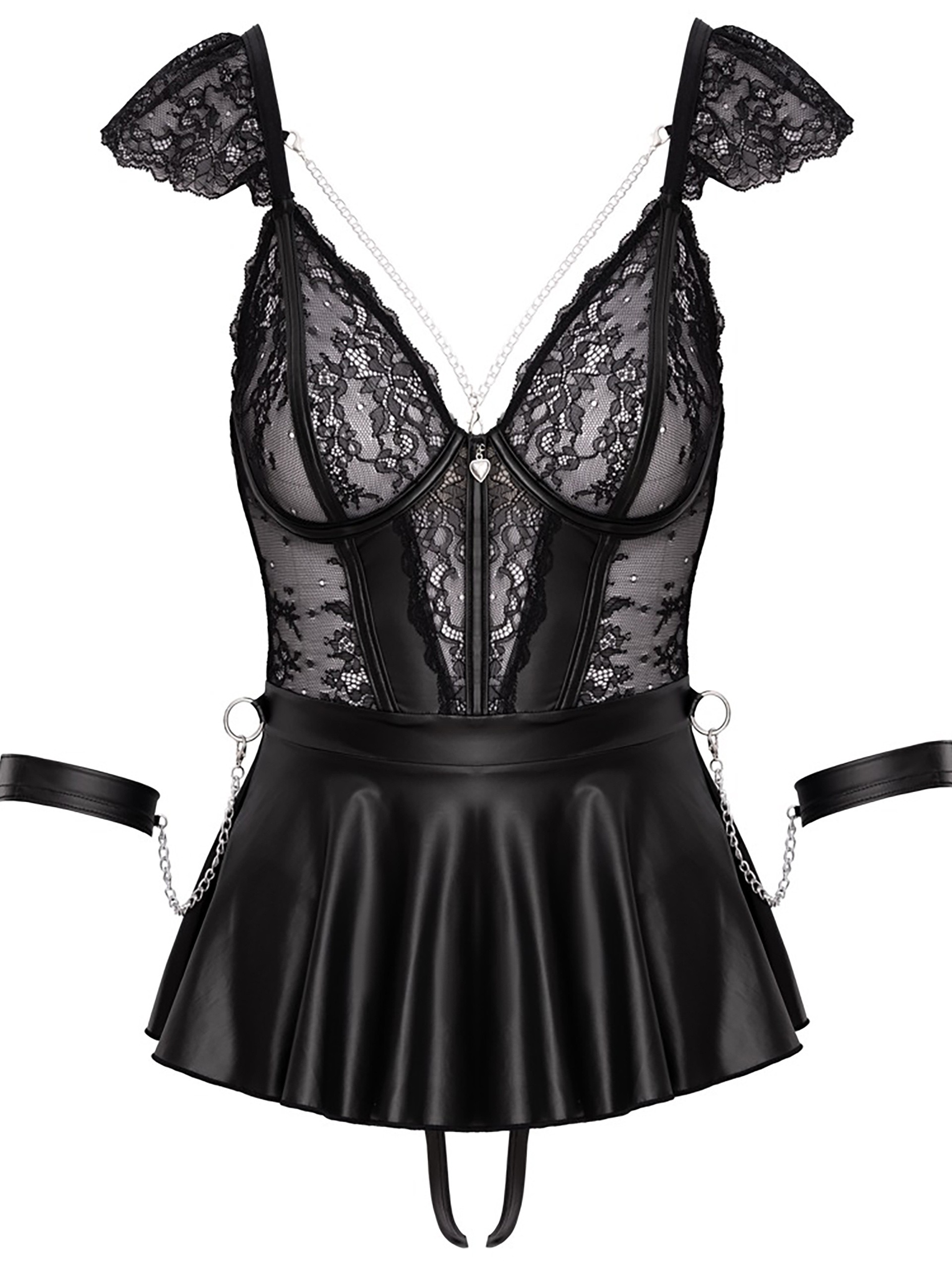 Cottelli Lace & Wet-Look & Lace Restraint Crotchless Dress, Black, hi-res