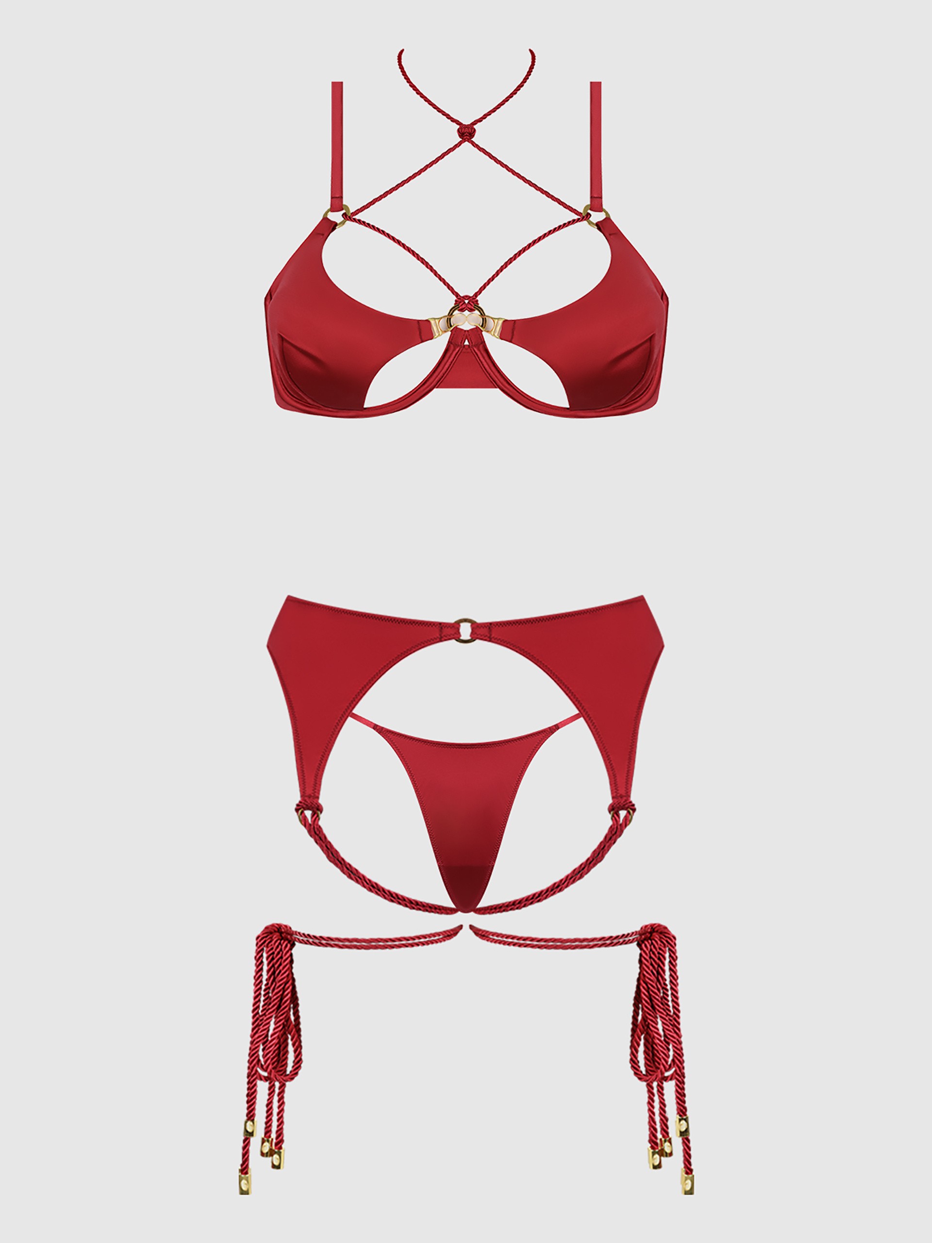 House of Desire Iryna Silky Micro & Rope Bra Set, Red, hi-res