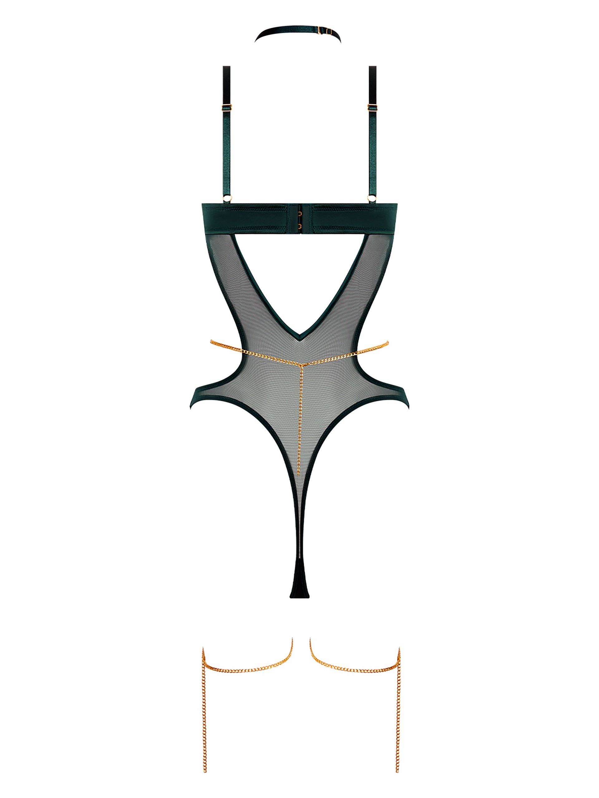House of Desire Evangeline Satin & Chain Halter Body, Green, hi-res