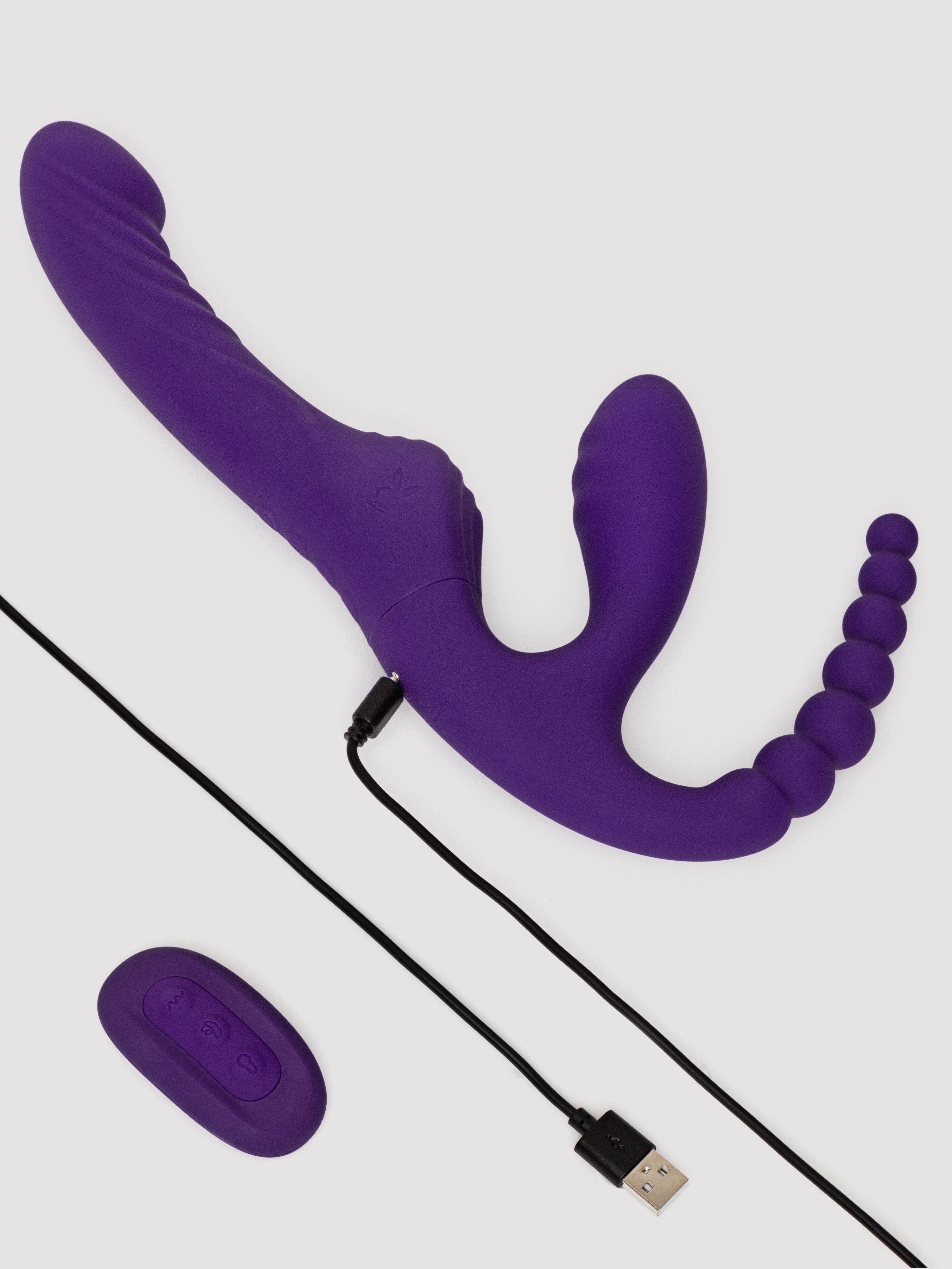 Playboy Hug It Out Triple Stimulation Inflatable Strapless Strap-On, Purple, hi-res