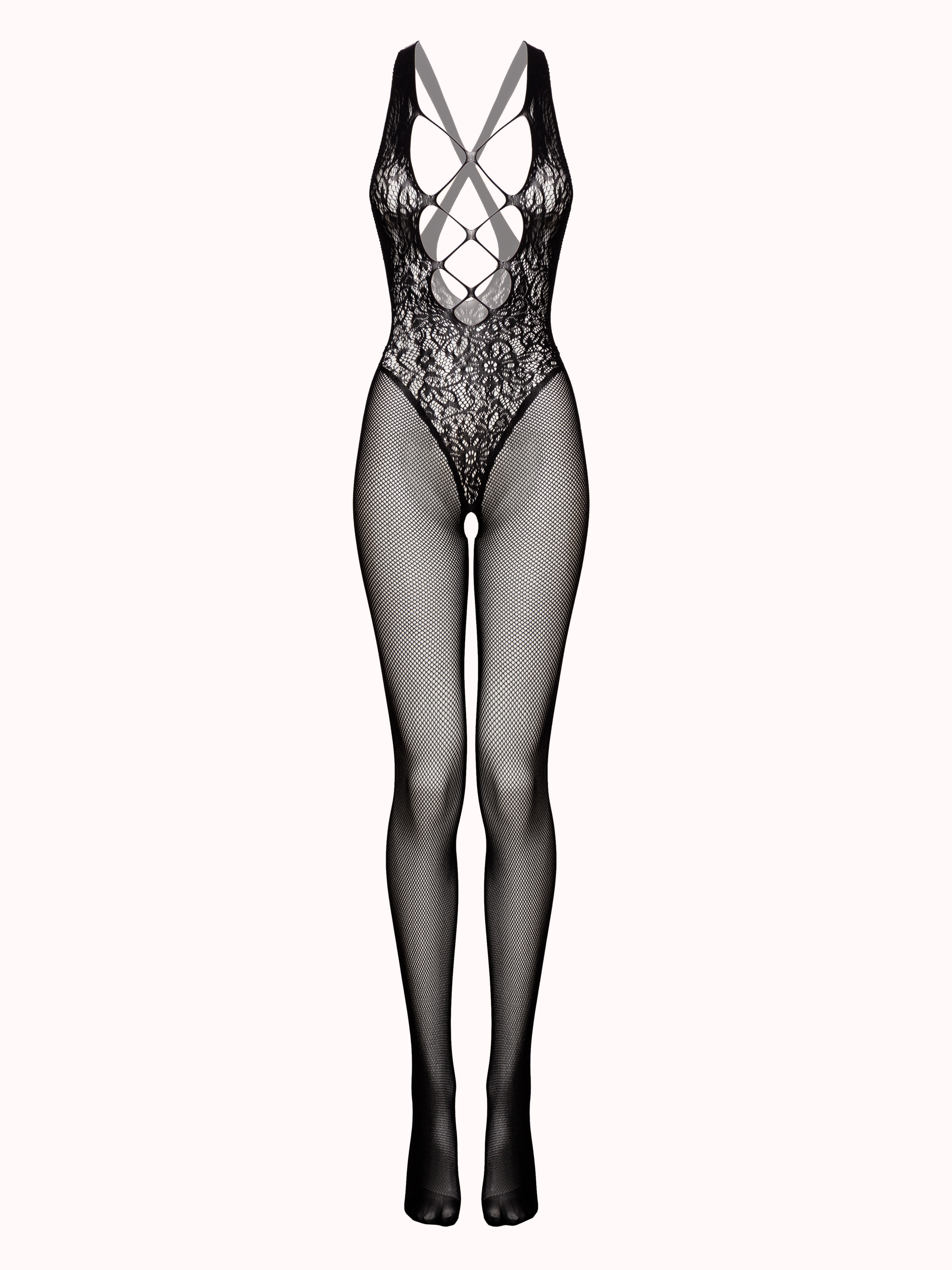 Lovehoney Black Crotchless Fishnet and Lace Plunge Bodystocking, Black, hi-res