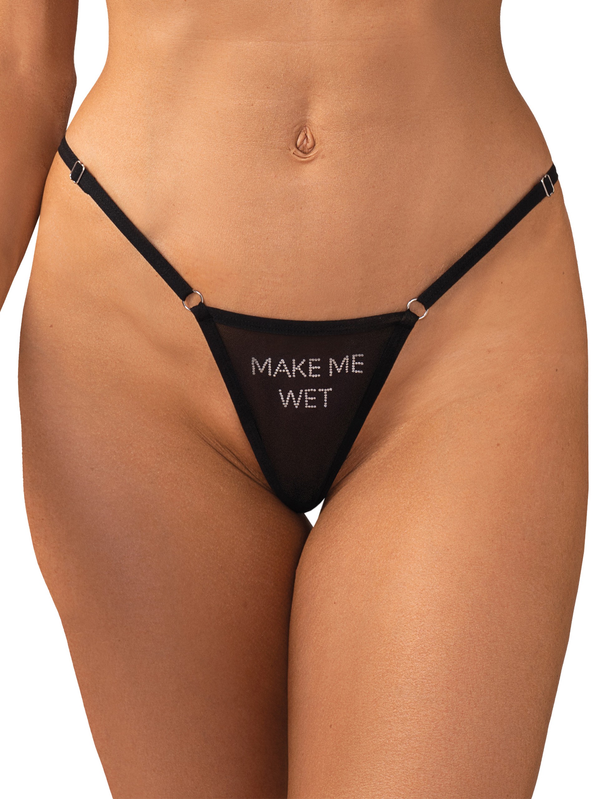 Obsessive Black Make Me Wet Thong, Black, hi-res