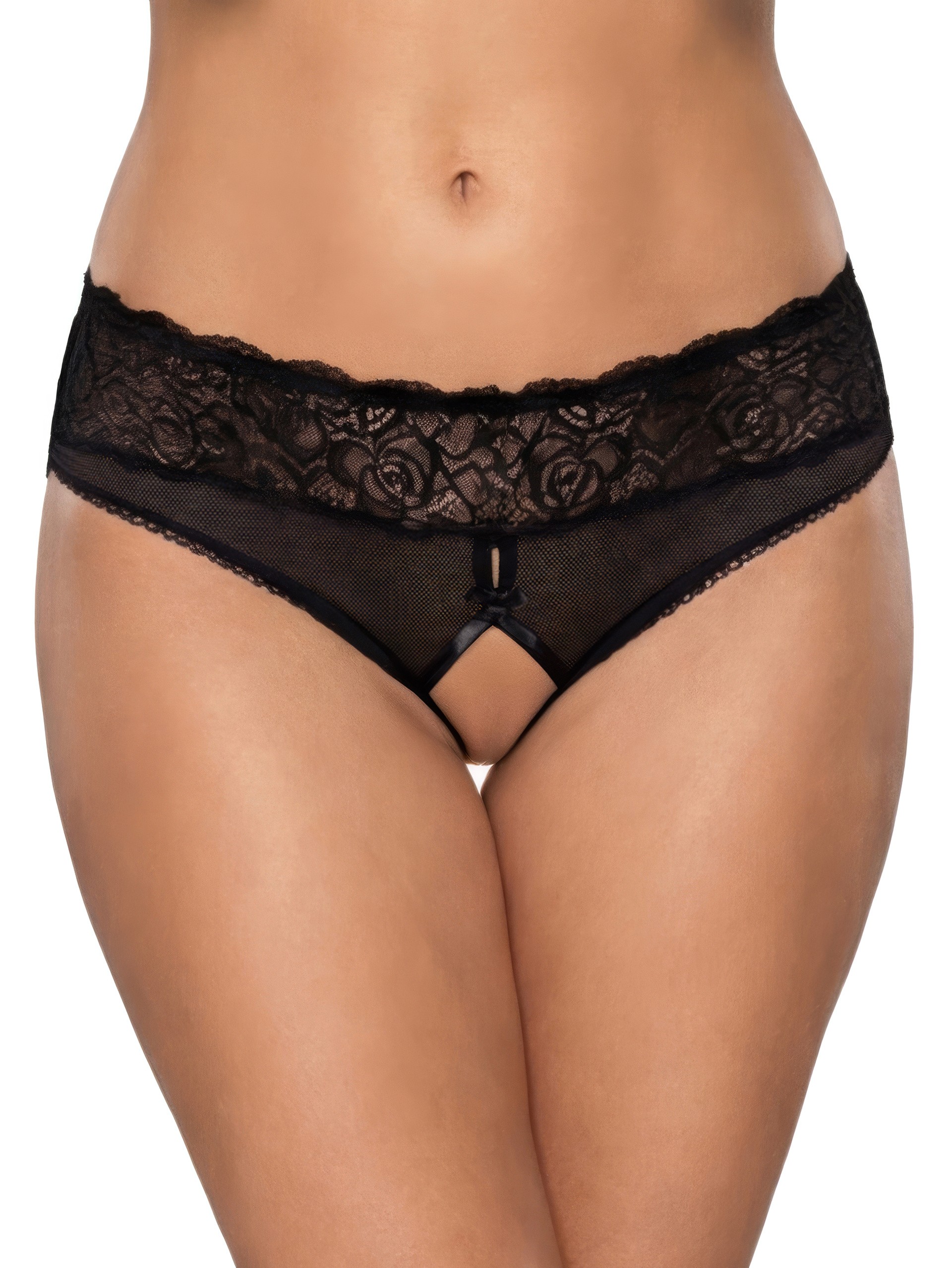 Escante Bow Back Black Sheer Lace Crotchless Knickers, Black, hi-res