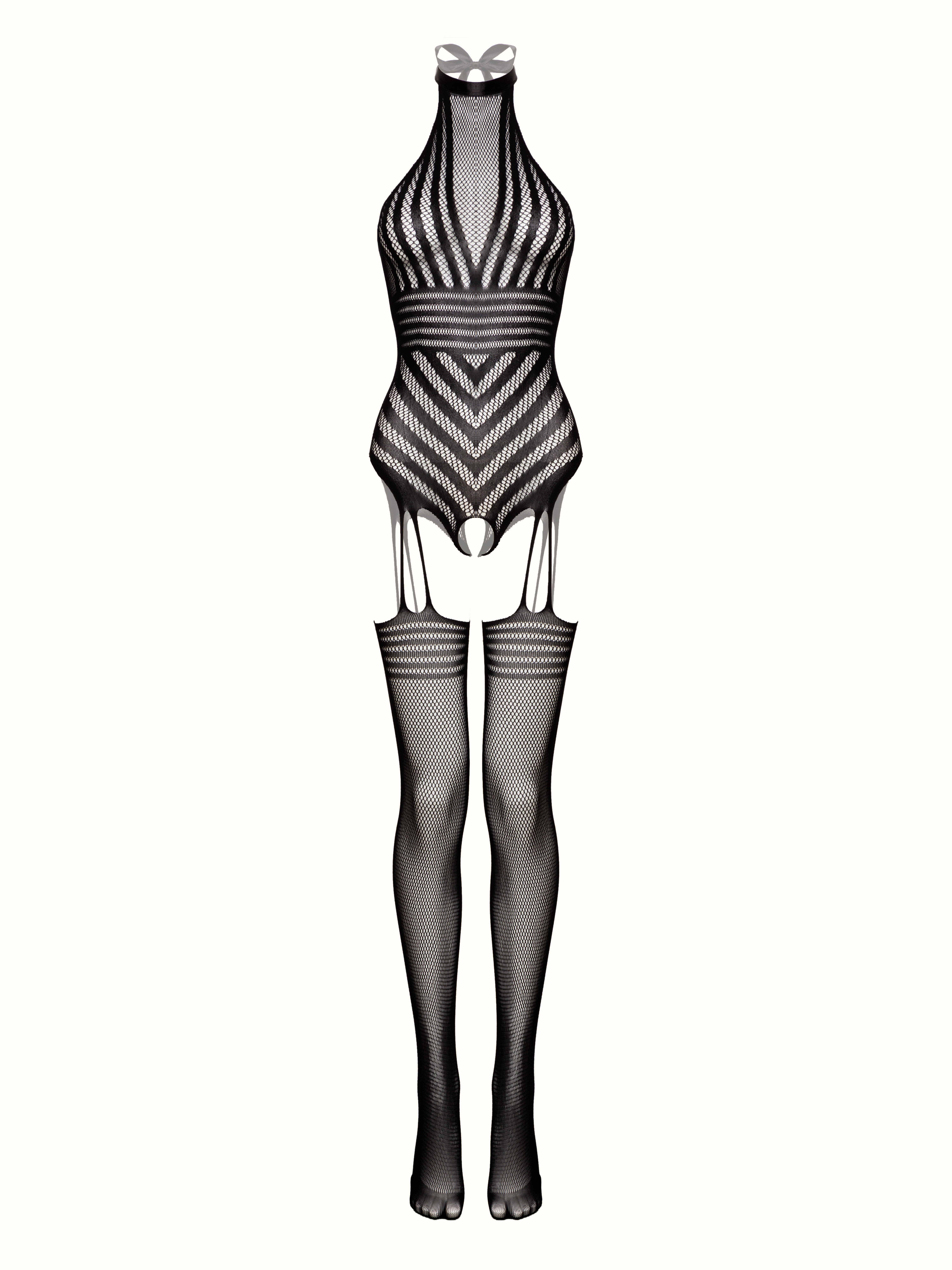 Lovehoney Black Crotchless Chevron Body Suspender Bodystocking, Black, hi-res