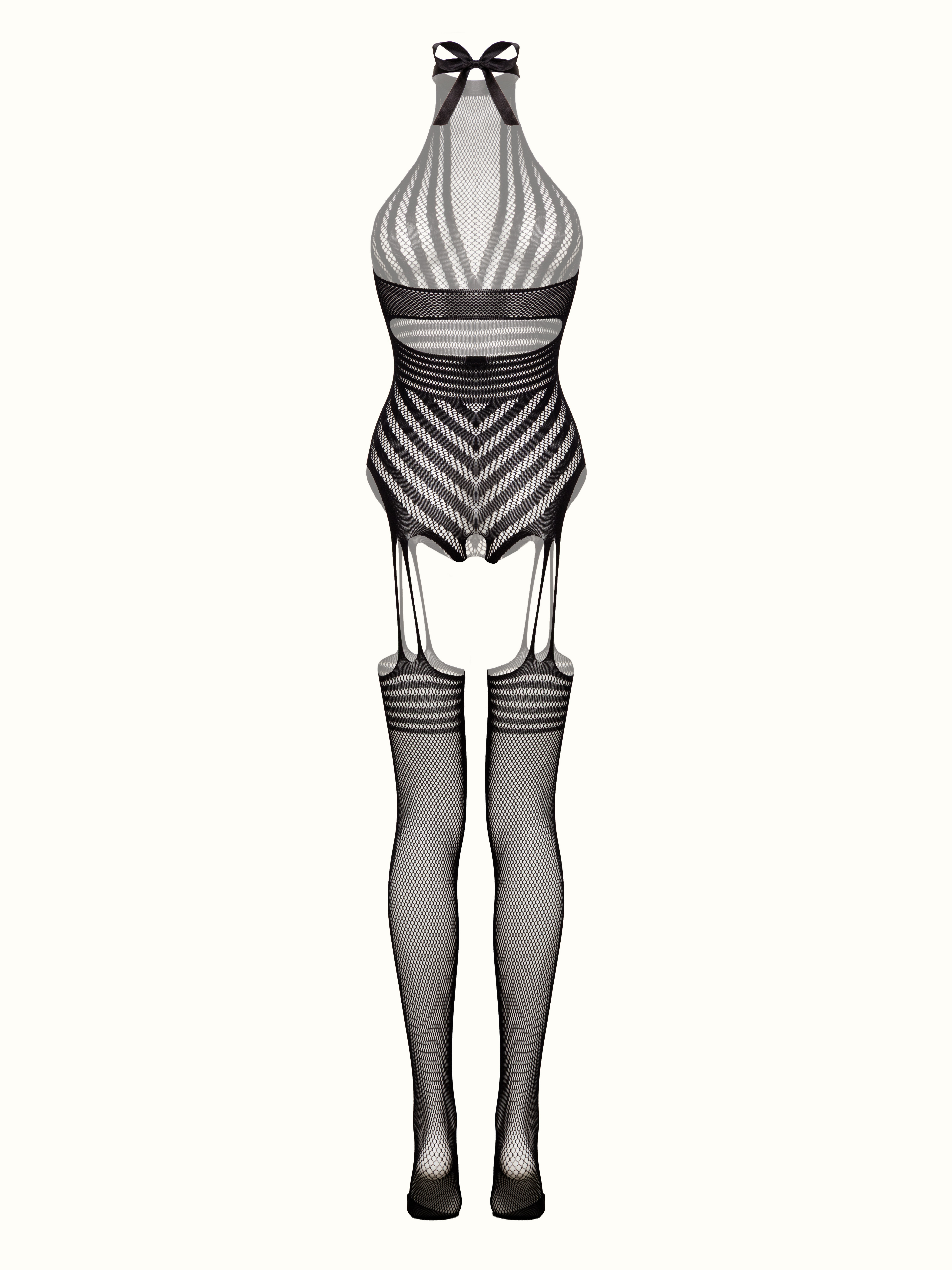 Lovehoney Black Crotchless Chevron Body Suspender Bodystocking, Black, hi-res