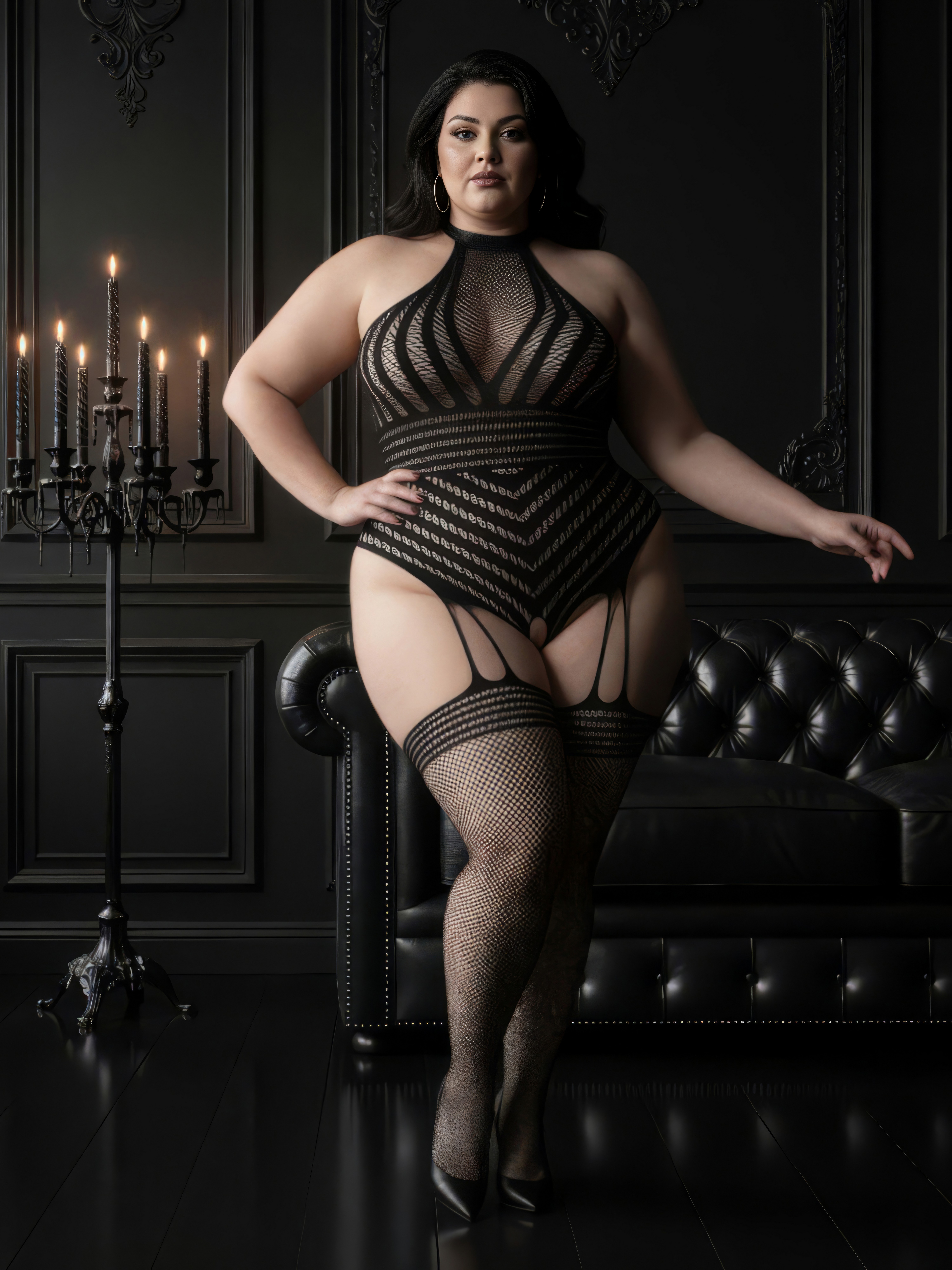 Lovehoney Plus Size Black Crotchless Chevron Body Suspender Bodystocking, Black, hi-res