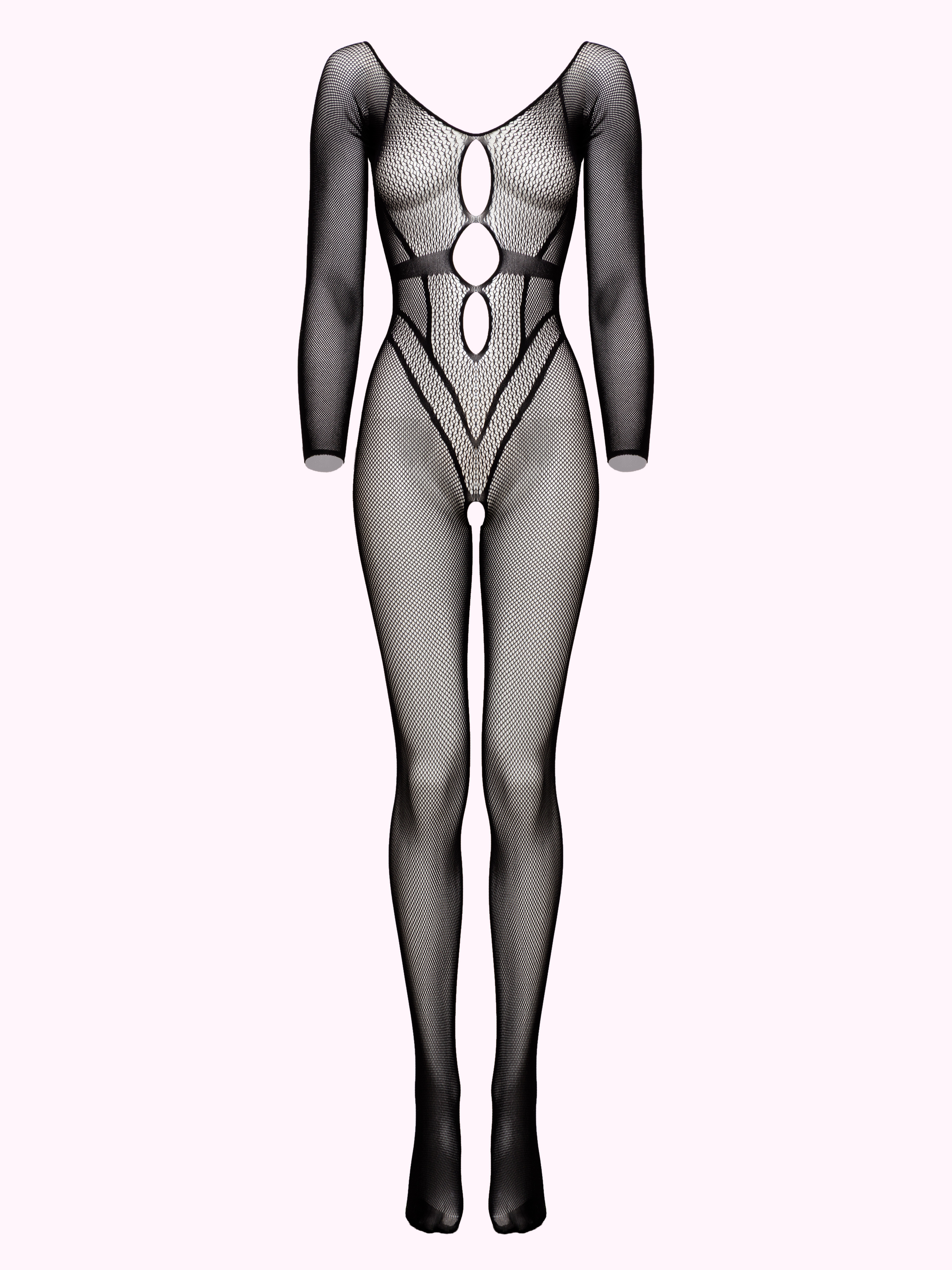 Lovehoney Crotchless Fishnet Body Long Sleeve Bodystocking, Black, hi-res