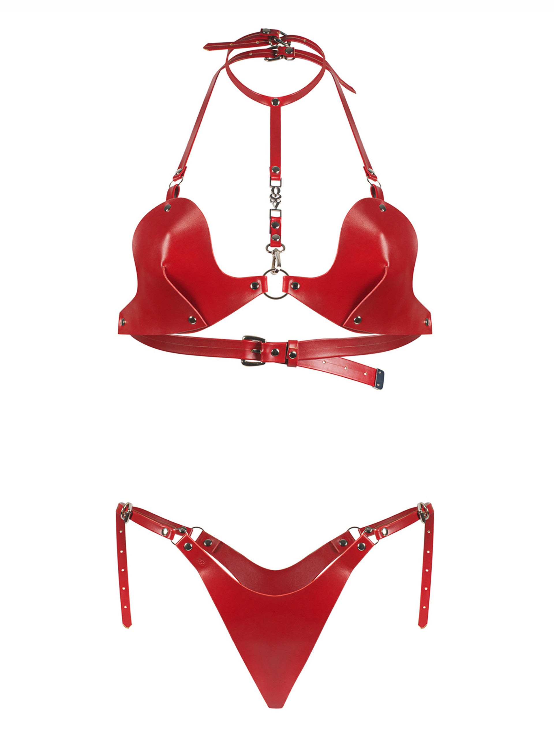 Obsessive Inferro Red Faux Leather Bra Set, Red, hi-res