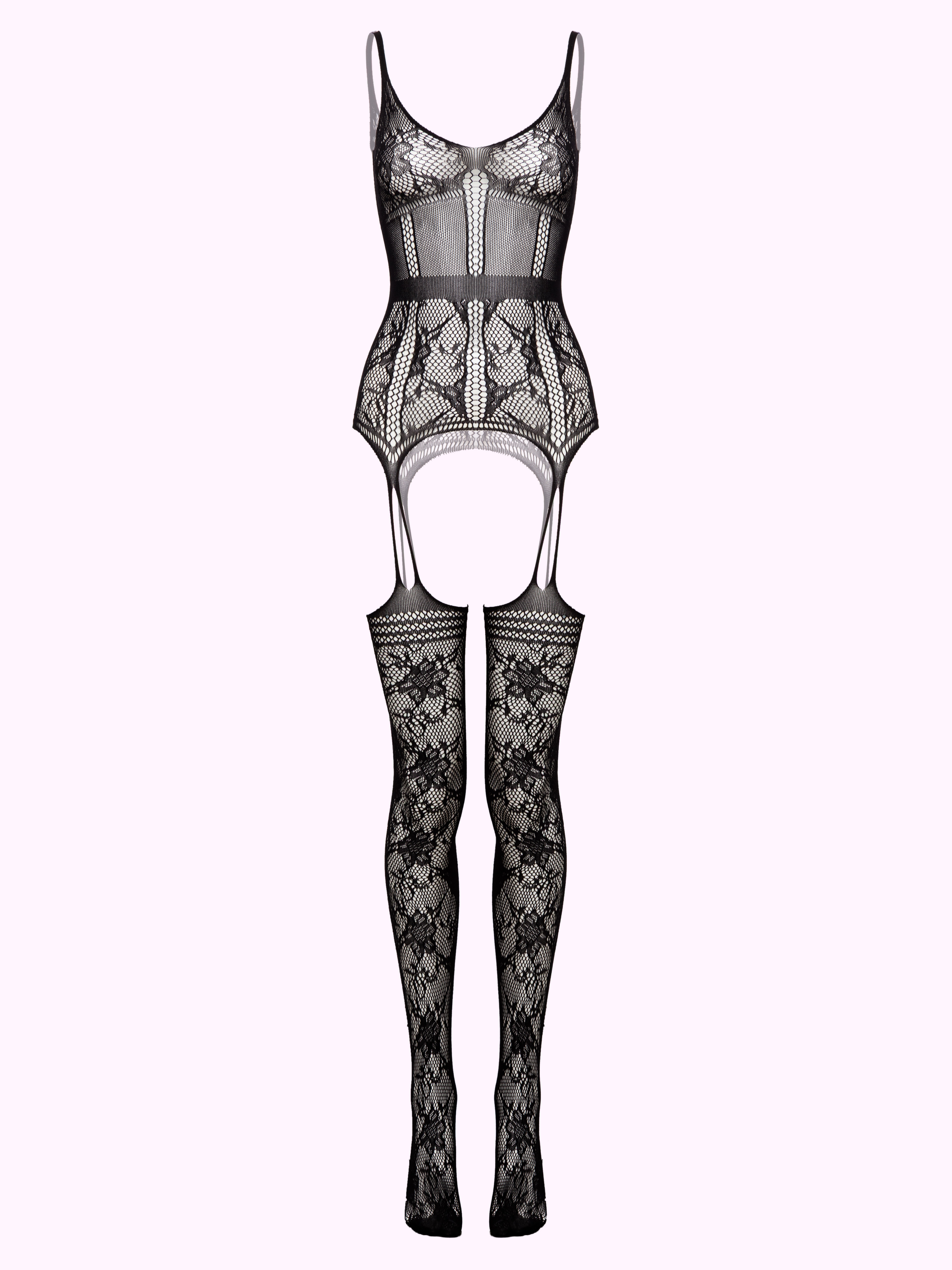 Lovehoney Black Lace and Mesh Basque Suspender Bodystocking, Black, hi-res