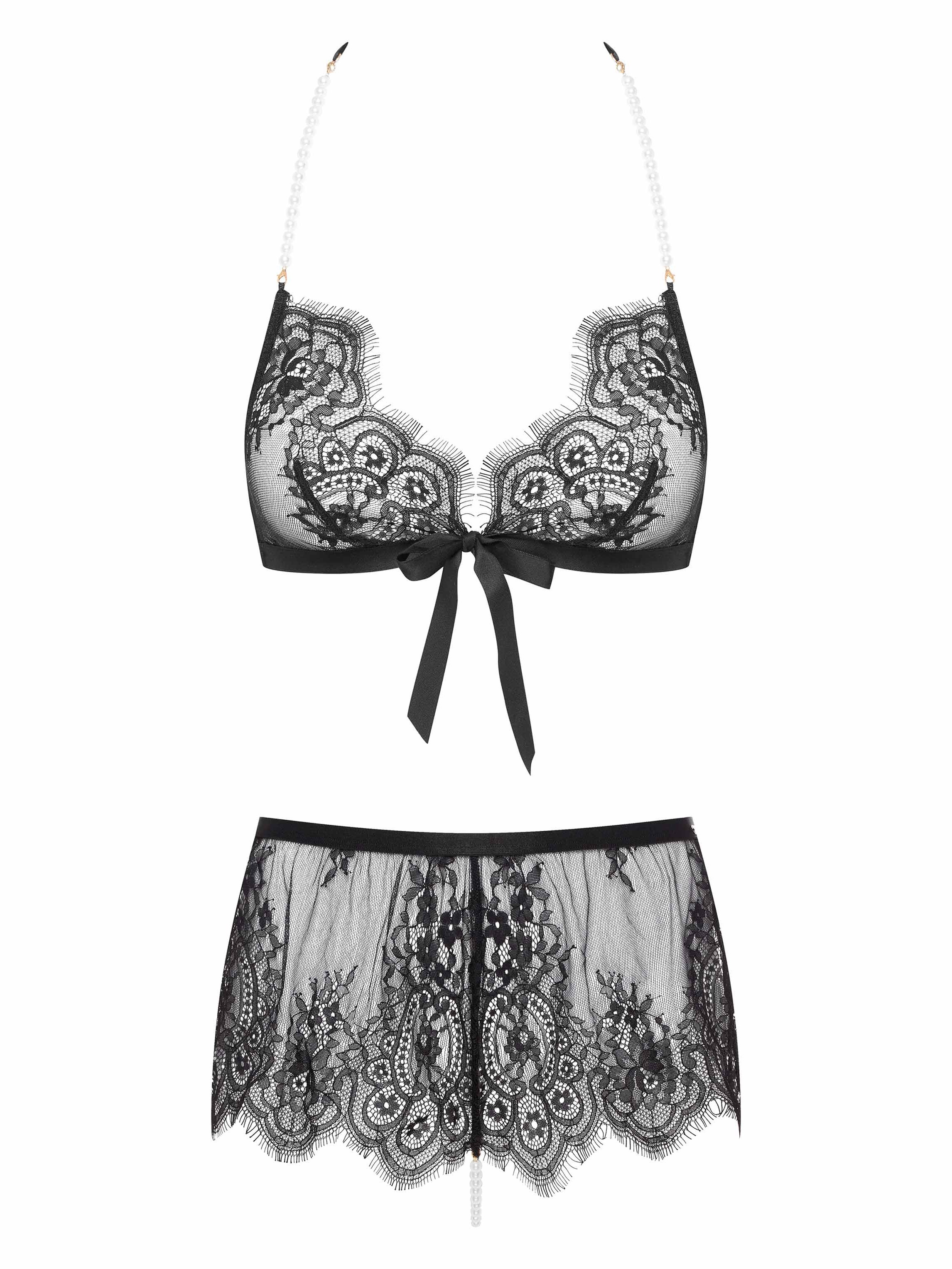 Esotiq Sensual Eyelash Lace and Pearl Cami Bra Set, Black, hi-res