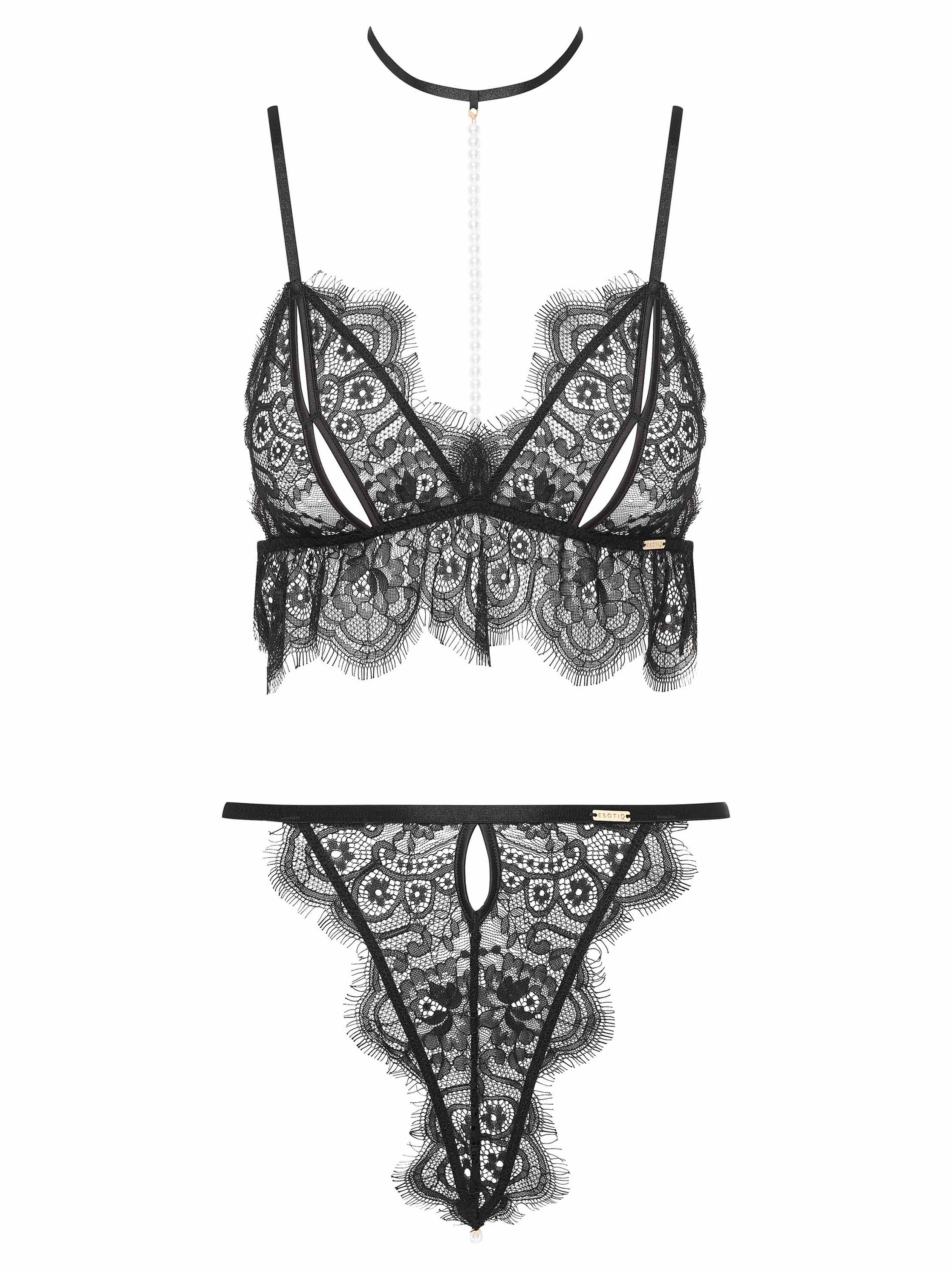 Esotiq Sensual Peek-a-boo Eyelash Lace and Pearl Bra Set, Black, hi-res